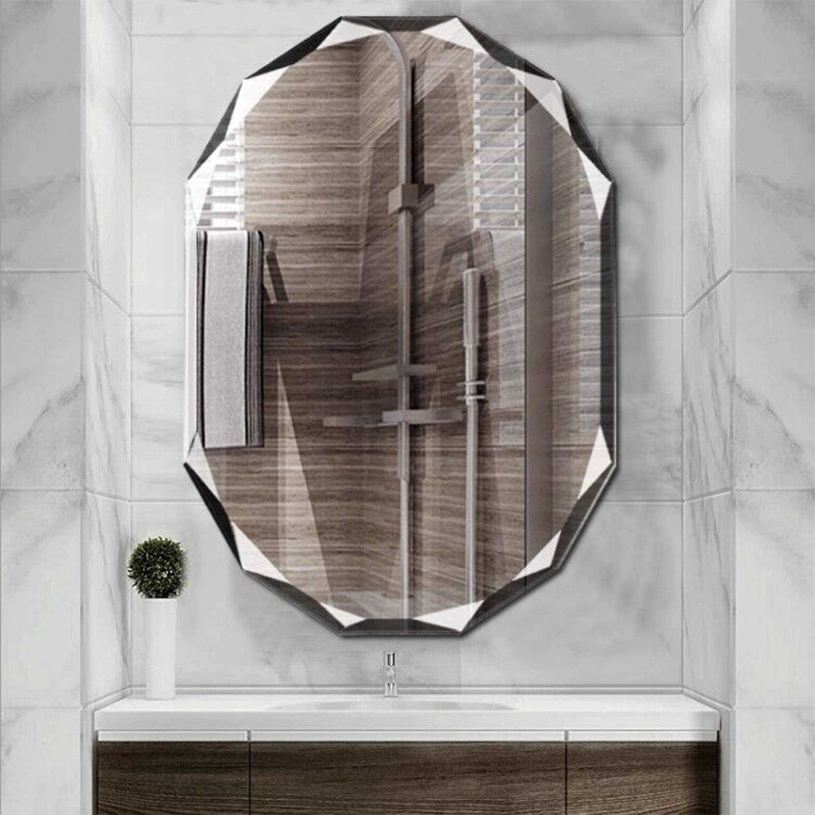 70cm x 50cm Large Round Wall Mirror with Crystal Engraving Technology - Frameless Beveled Edge Design - Elegant Home Decor for Living Room, Bedroom & Entryway