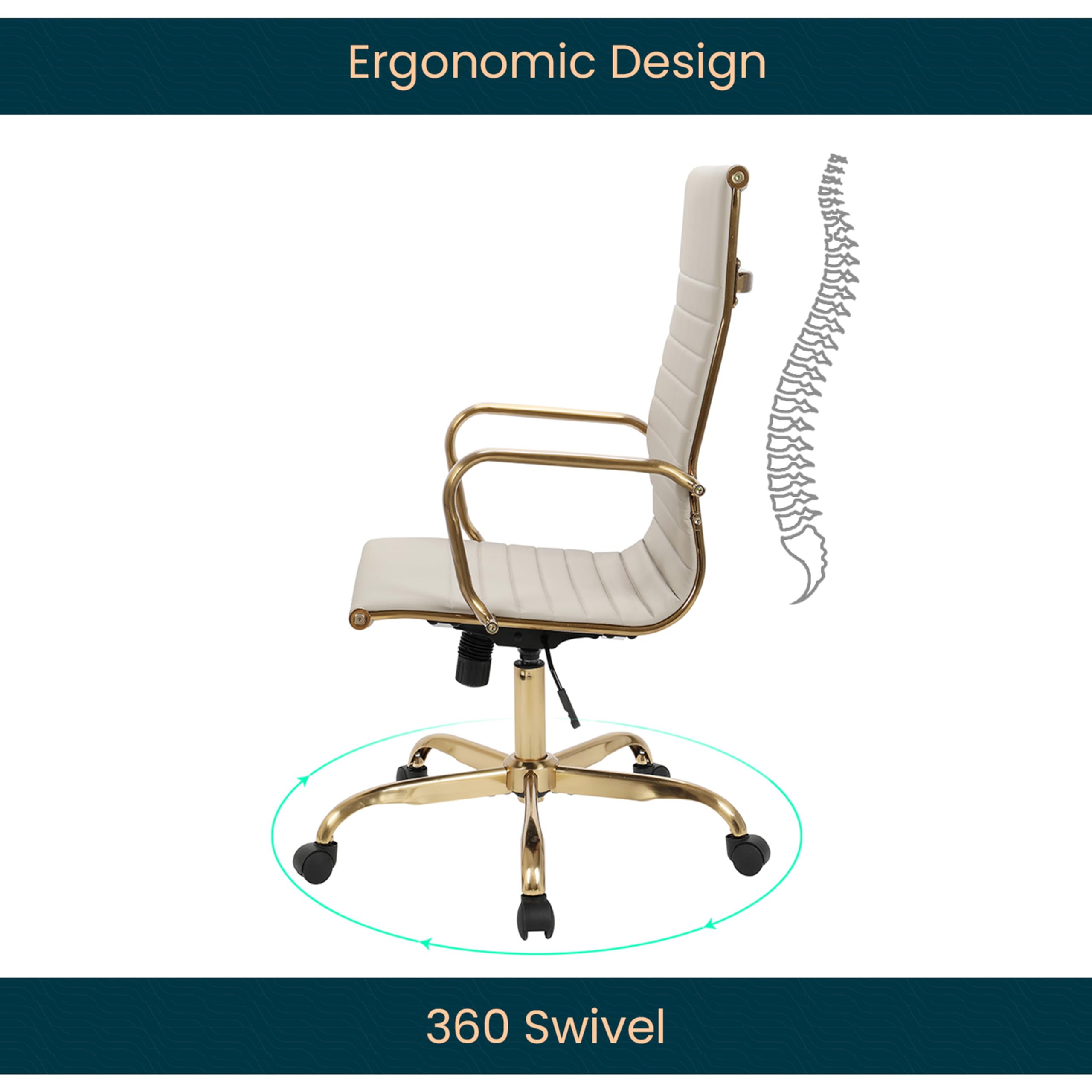 LeisureMod Harris High-Back Office Chair - Modern Leather Executive Chair with Gold Frame & 360 Swivel, Ergonomic Ribbed Design for Home Office, Study & Workspace | Perfect for Long Work Hours & Video Conferencing