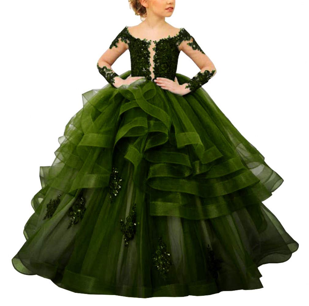 Girl's Applique Beaded Pageant Dress with Organza Long Sleeves - Elegant Flower Girl Dress for Weddings, Parties & Special Occasions
