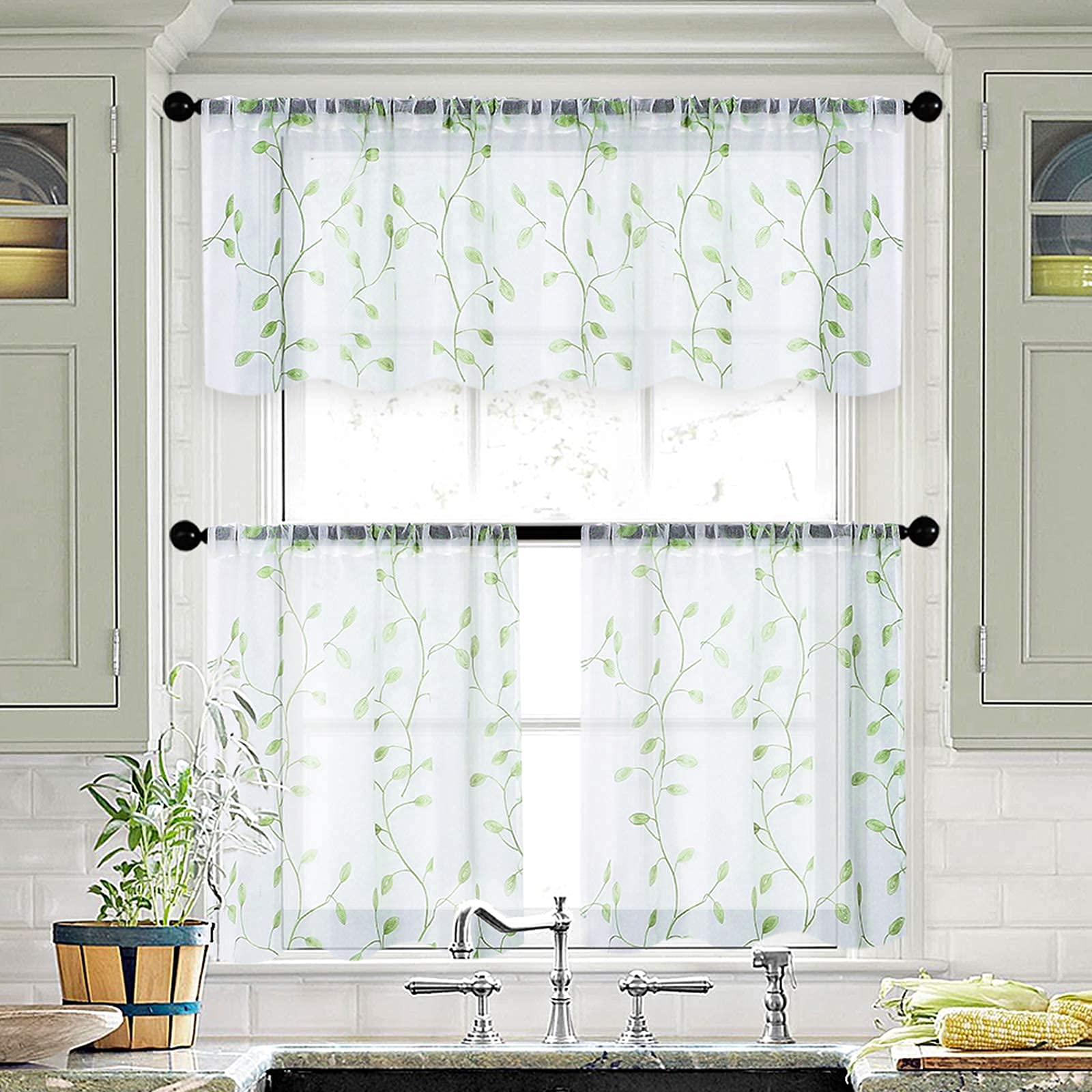 MRTREES Sheer Tier Curtains 30x30 Inches - 2 Panel Set with Rod Pocket, Voile Fabric & Leaf Embroidery for Kitchen, Bathroom, Bedroom Half Windows - Green Leaves Design for Natural Light Filtering & Privacy