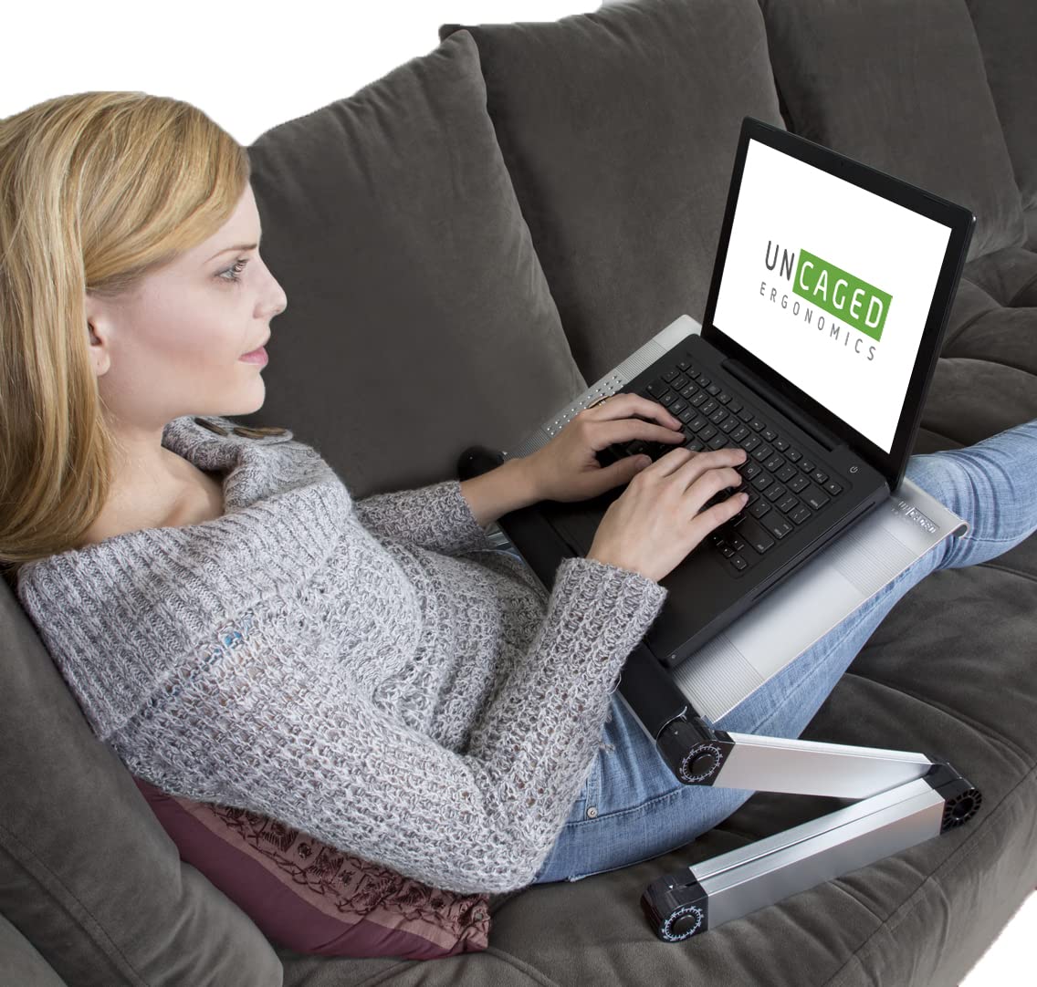 WorkEZ Executive Adjustable Aluminum Laptop Stand - Ergonomic Folding Lap Desk for Bed & Couch, Portable Computer Tray with Cooling Feature, Silver | Perfect for Home Office, Remote Work & Study