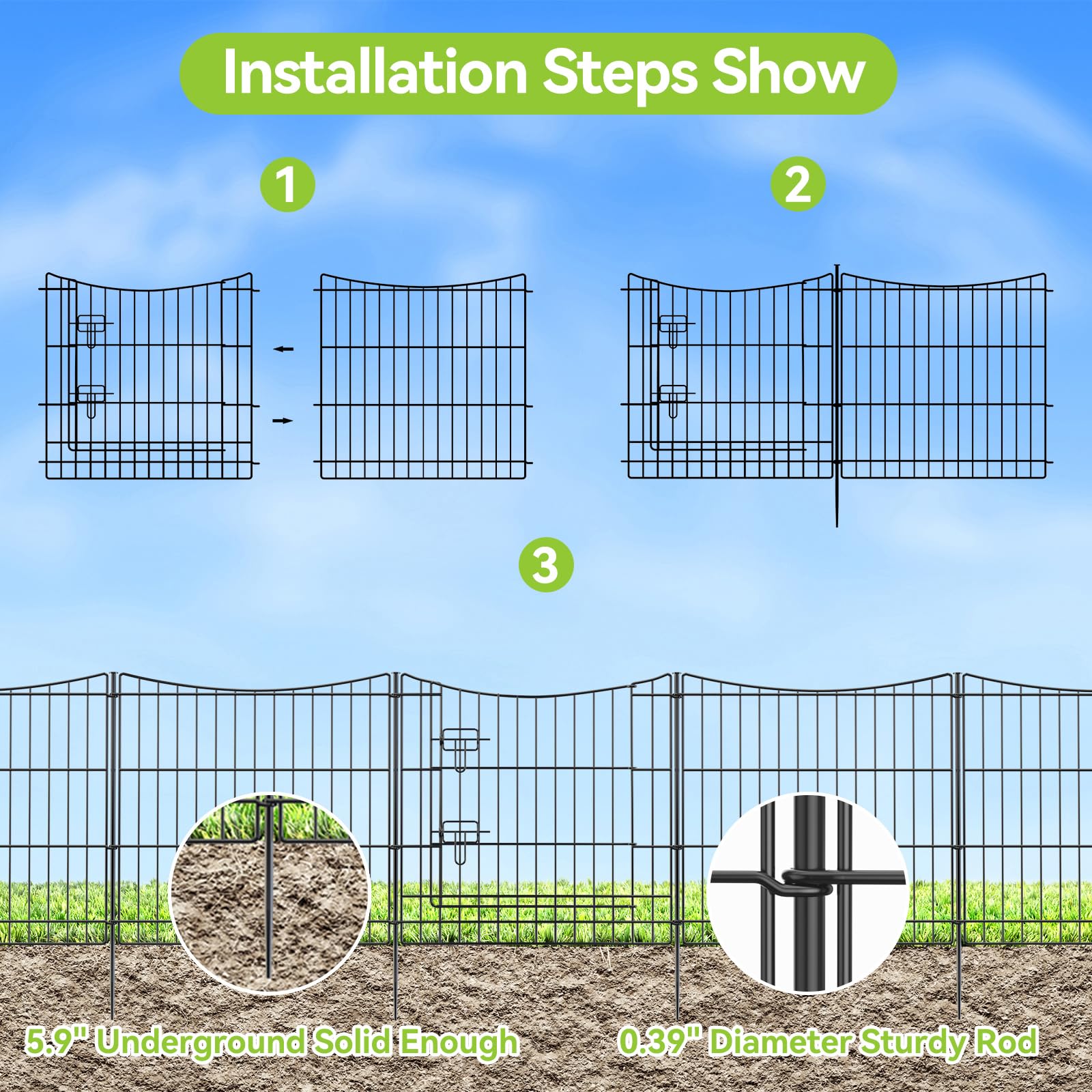 INJOPEXI 6-Panel Decorative Garden Fence - 11.8ft Length × 24in Height, Rustproof Metal Wire No-Dig Temporary Fencing with Gate - Ideal for Rabbit, Dog, and Animal Barrier in Yard, Outdoor Patio, and Garden Protection