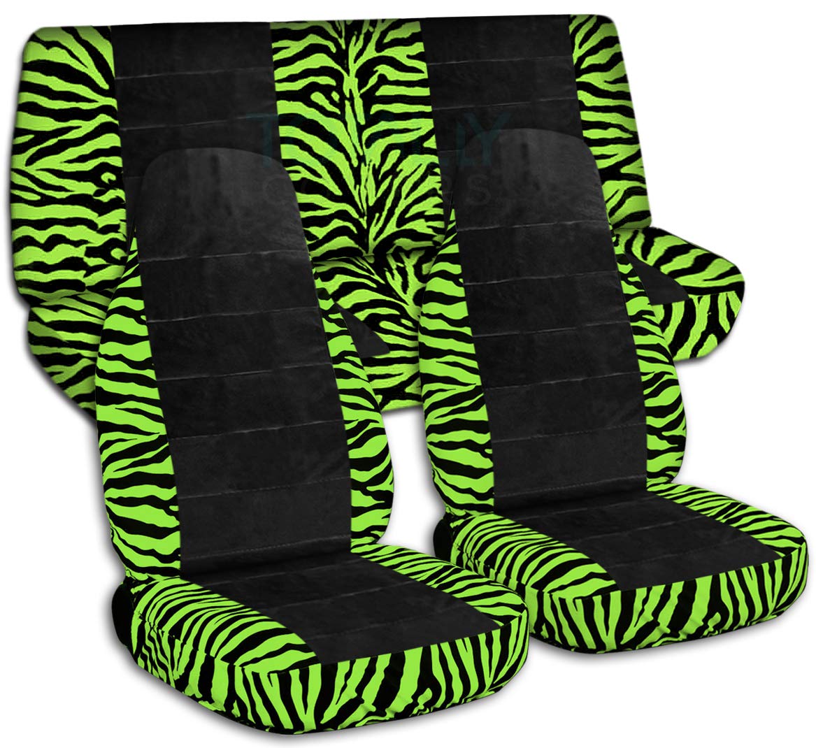 Universal Fit Lime Green Zebra Car Seat Covers - Full Set for Front Buckets & Rear Bench - Airbag/Seat Belt/Armrest Compatible - Animal Print Car Accessories for SUV, Truck & Sedan - Perfect for Pet Owners & Family Protection