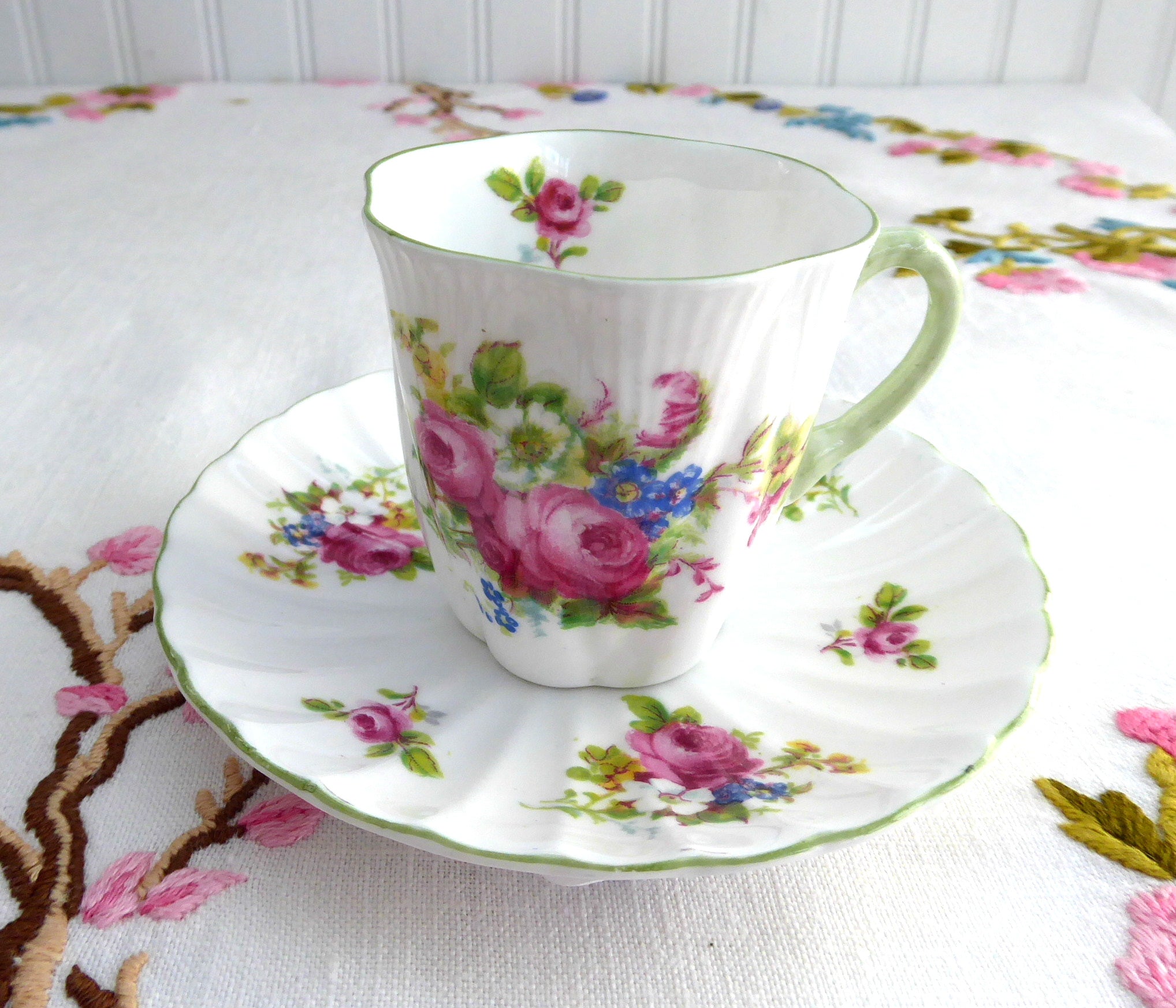 Elegant Shelley Tall Demitasse Cup and Saucer Set with Ludlow Floral Bouquet Design - Perfect for Afternoon Tea, Bridal Showers & Vintage Collections