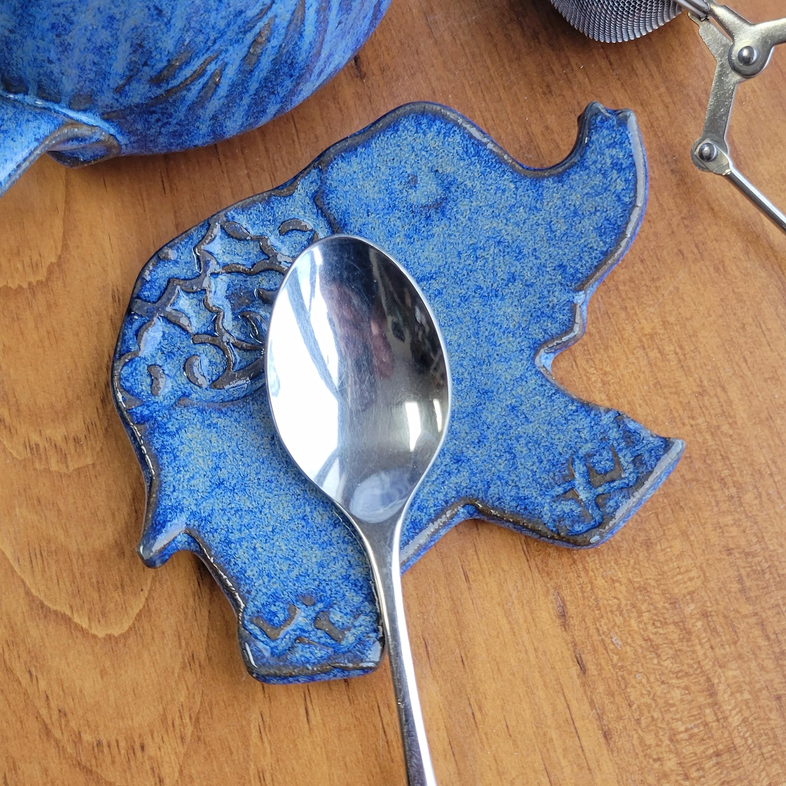 Green Elephant Spoon Rest - Mini Kitchen Countertop Decor for Coffee Bar & Dining Table - Perfect for Cooking, Serving, and Home Decor (Variegated Blue)