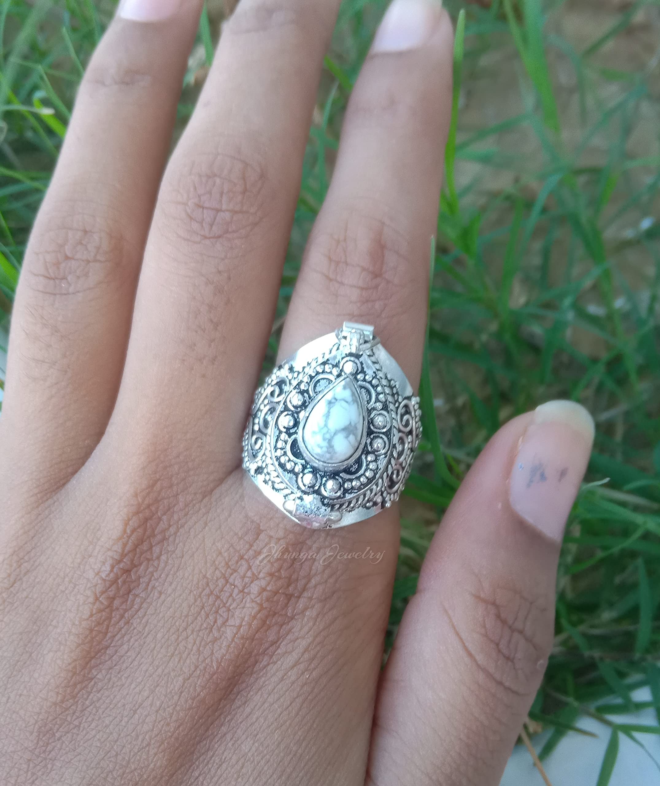 White Howlite Poison Ring - Handmade 925 Sterling Silver Secret Box Ring with Openable Compartment | Perfect for Medicine, Pills, and Hidden Storage | Unique Gothic Jewelry for Women and Men