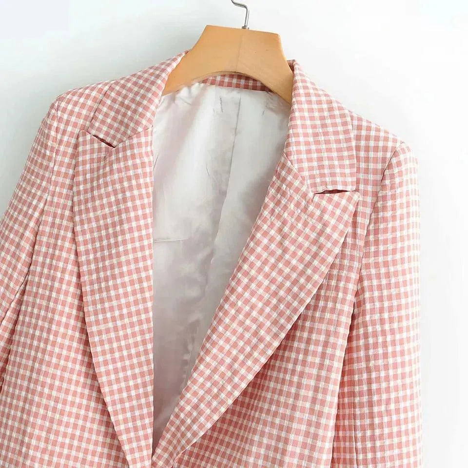 Stylish Peach Plaid Two-Piece Pantsuit for Women - Trendy Office Wear & Party Outfit - Perfect for Business Meetings, Cocktail Events & Formal Occasions