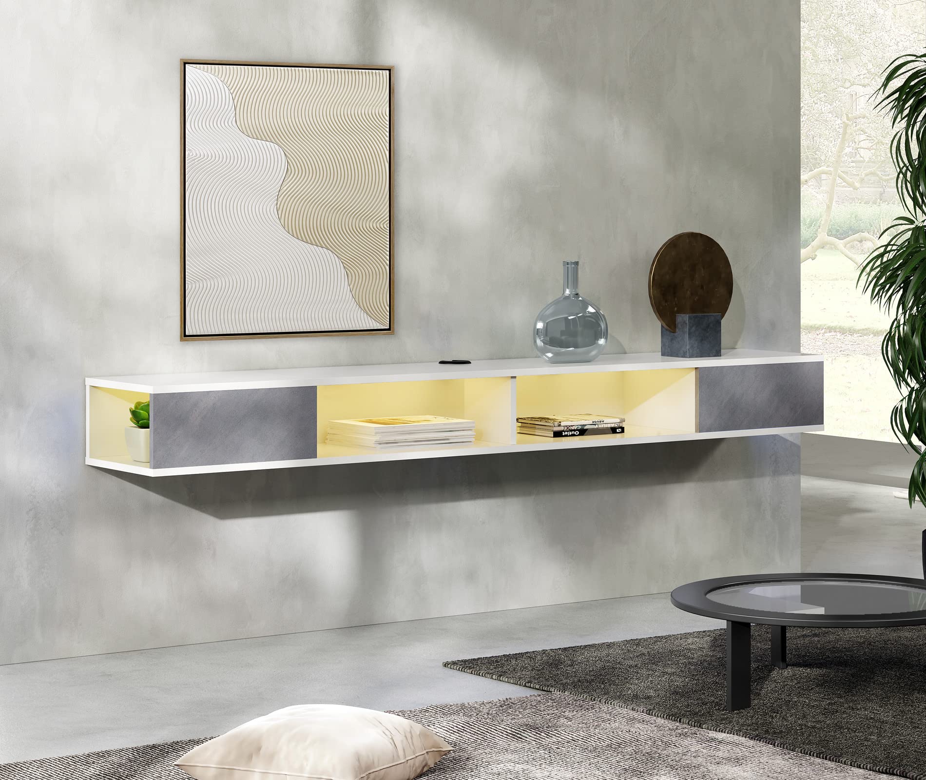 WAMPAT 70 Inch Floating TV Stand with Yellow/Blue LED Lights - Wall Mounted Entertainment Center & Media Console with Storage for 65/70/75 Inch TVs (White & Grey) - Perfect for Living Room, Bedroom, and Home Theater Setup