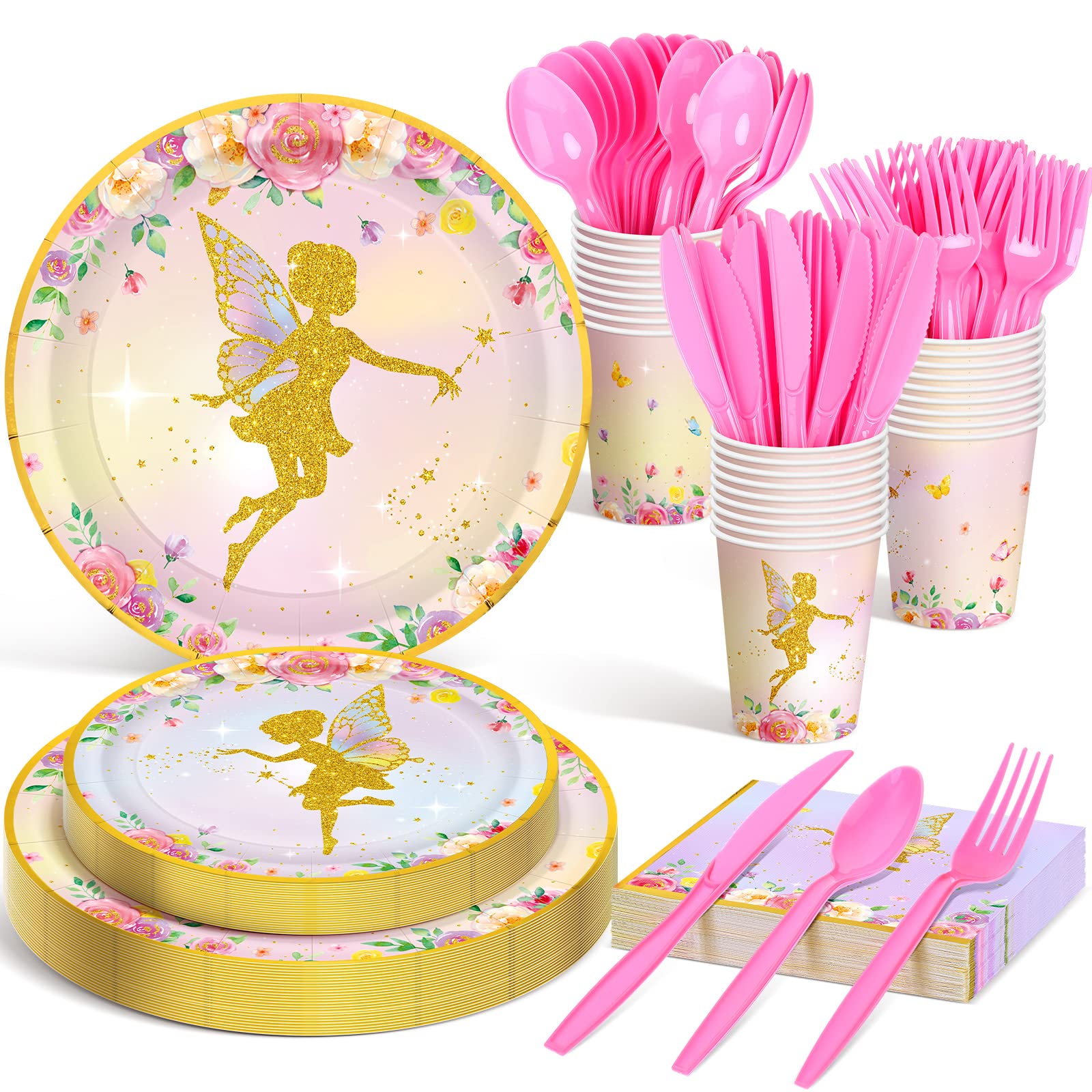 Butterfly Fairy Party Plates & Napkins Set for 24 Guests - 168 Pc Birthday Baby Shower Decorations with Cups, Cutlery (Forks, Knives, Spoons) - Perfect for Girls' Fairy Theme Parties & Special Celebrations