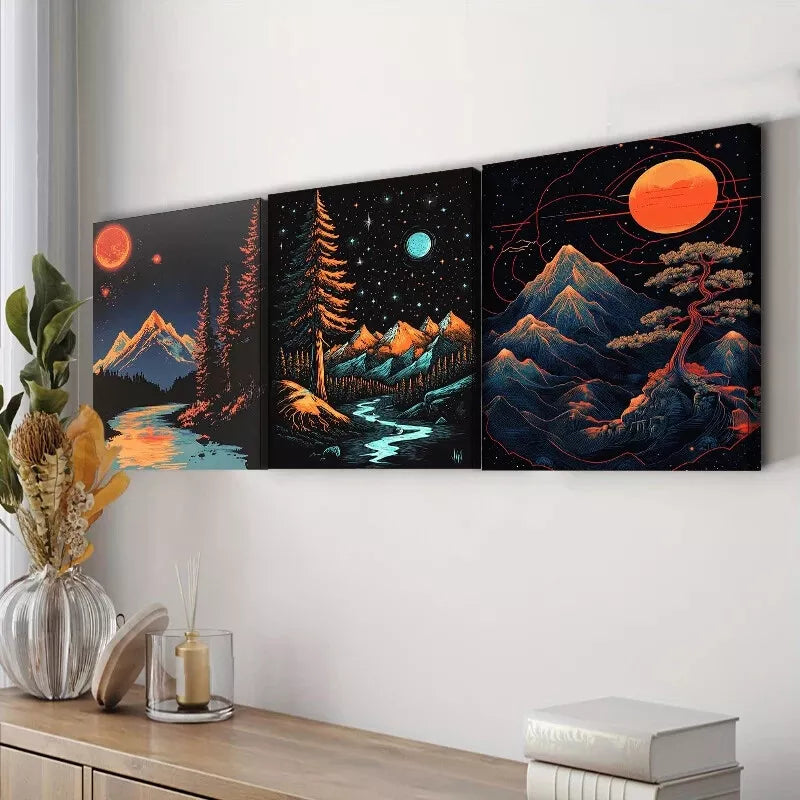3-Piece Starry Sky Moon Wall Art Set - Framed Canvas Prints 50x70cm - High Quality Australian Made Nature Decor - Perfect for Living Room, Bedroom & Office Decor