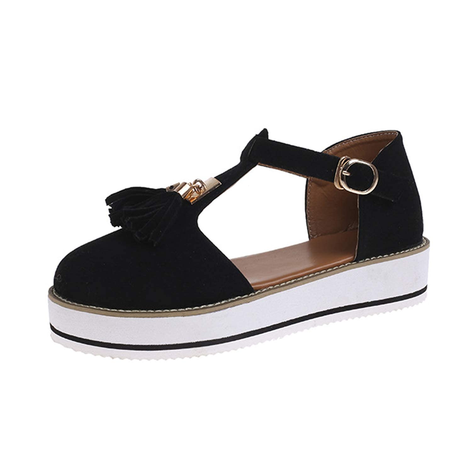 **JYCCH Women's Summer Sandals – Fashion Buckle Strap, Solid Fringe Cover, Flat Platform Heel – Casual Ladies Plus Size Sandals (Black, US 9 / EU 40) – Perfect for Beach, Vacation & Everyday Wear**