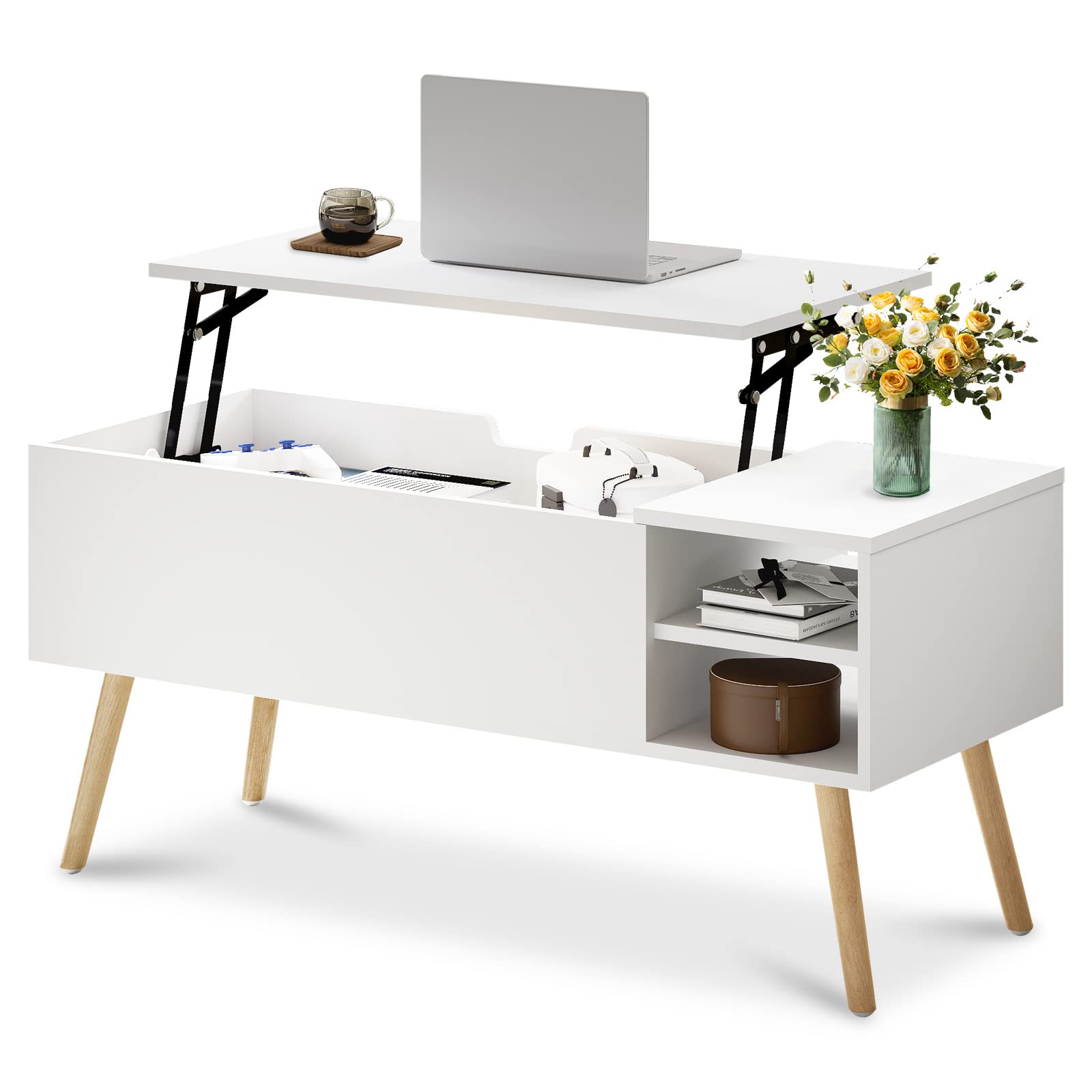 White Lift Top Coffee Table with Hidden Storage Compartment - Solid Wood Rectangle Coffee Table for Living Room - Perfect for Small Spaces, Home Office & Reading Nook