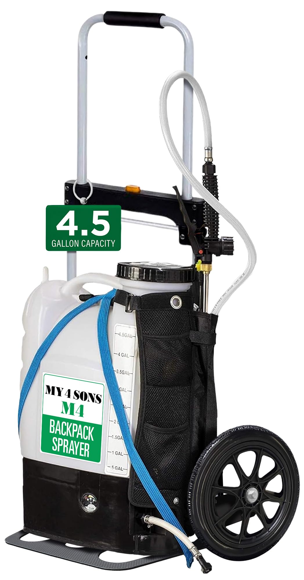 MY4SONS M4 4-Gallon Battery Backpack Sprayer - Cordless Garden Sprayer with 14-Inch Wheels, Spray Pistol, Adjustable Wand, 15ft Hose & Secure Strap - Rechargeable Power Supply - Perfect for Lawn Care, Weed Control & Outdoor Cleaning