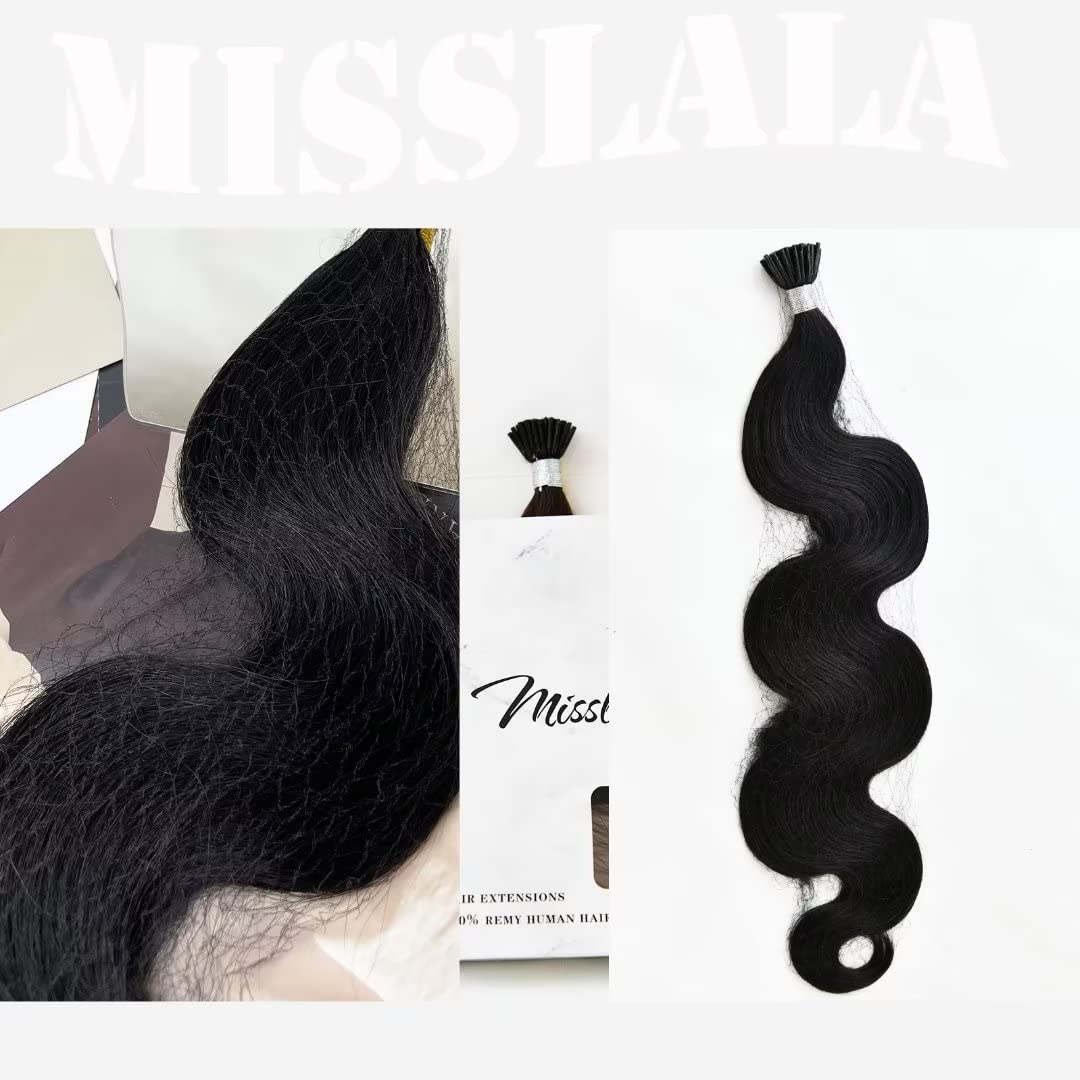 20 Inch Keratin Bond Wavy Human Hair Extensions - 100% Real Human Hair #1B Off Black (40g) 50 Beaded I-Tip Extensions for Length & Volume - Perfect for Daily Wear, Parties & Special Occasions
