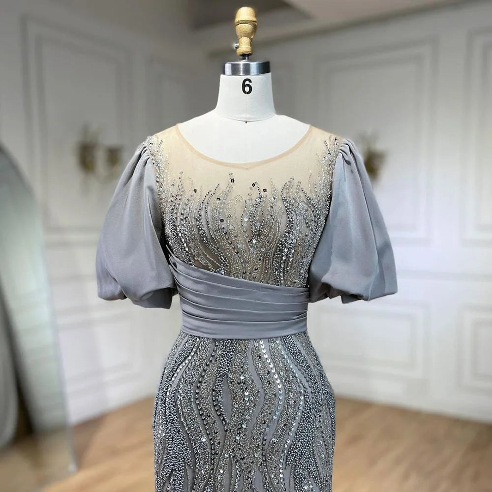 Serene Hill Silver Nude Luxury Mermaid Beaded Evening Dress with Puffy Sleeves - Elegant Women's Party Gown LA70809 | Perfect for Prom, Gala, Wedding & Formal Events