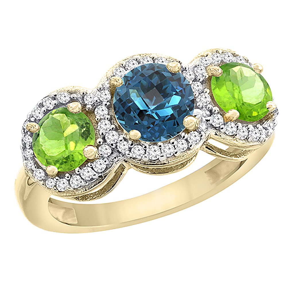 14K Yellow Gold Natural London Blue Topaz & Peridot Round 3-Stone Ring with Diamond Accents - Sizes 5-10 | Elegant Birthstone Jewelry for Women, Perfect for Anniversaries, Engagements & Special Occasions