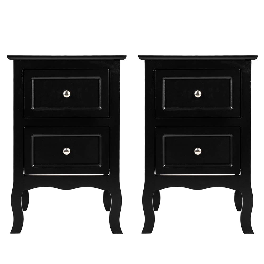 2-Piece Black Wood Nightstand Set with 2 Drawers - Country Style Bedside End Tables for Bedroom, Living Room & Office - Perfect for Small Spaces, Guest Rooms & Apartment Decor