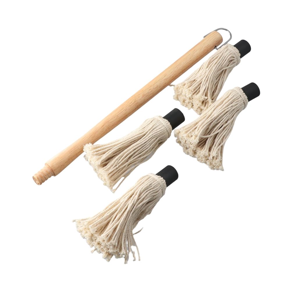 Premium Wooden Long Handle BBQ Basting Mop with 4 Extra Replacement Heads - Grill Brush for BBQ, Smoking, Steak & Meat - Perfect for Backyard Grilling, Camping & Outdoor Cooking