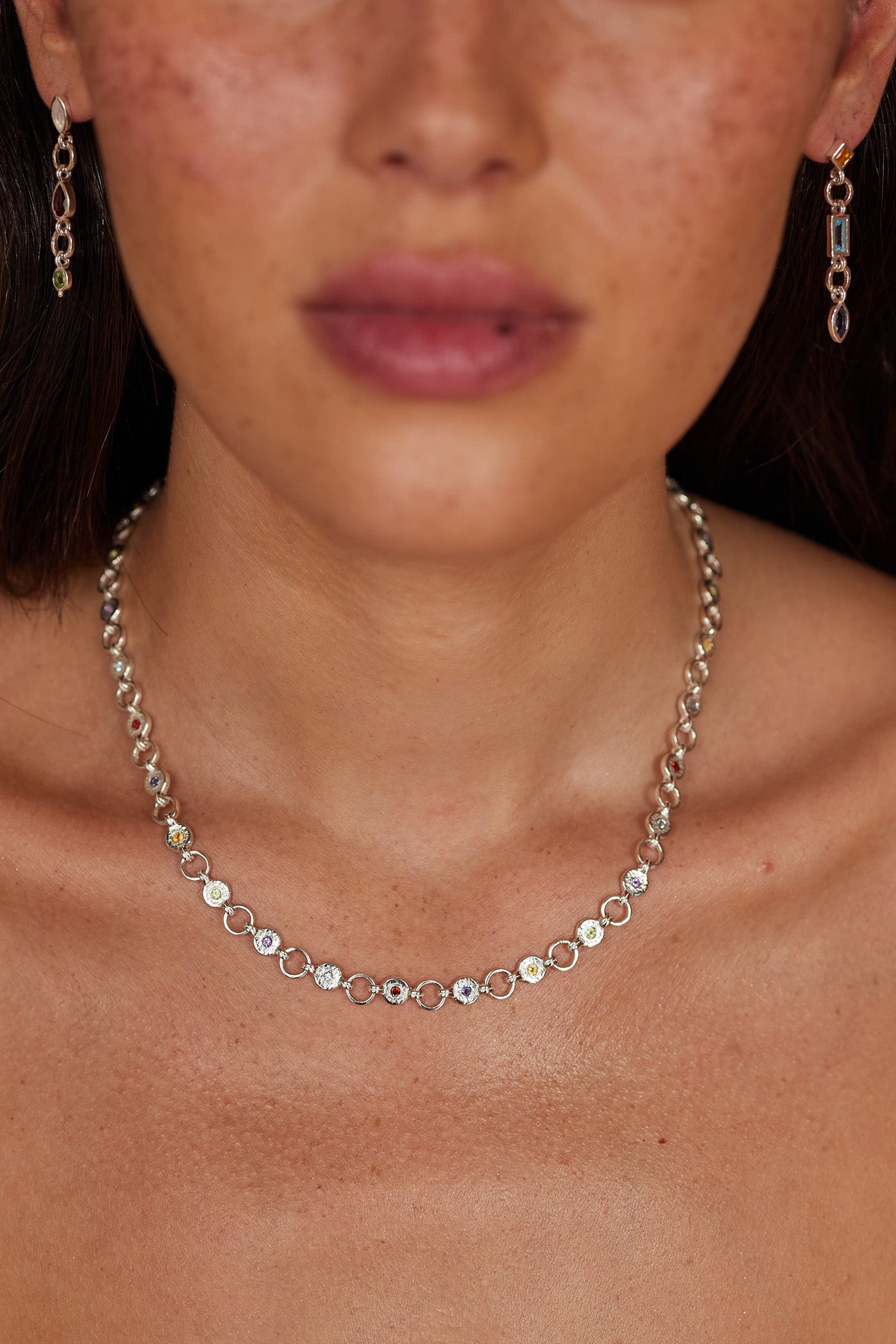 Ellipse Multistone Sterling Silver Necklace for Women - Elegant Layering Jewelry for Everyday Wear & Special Occasions
