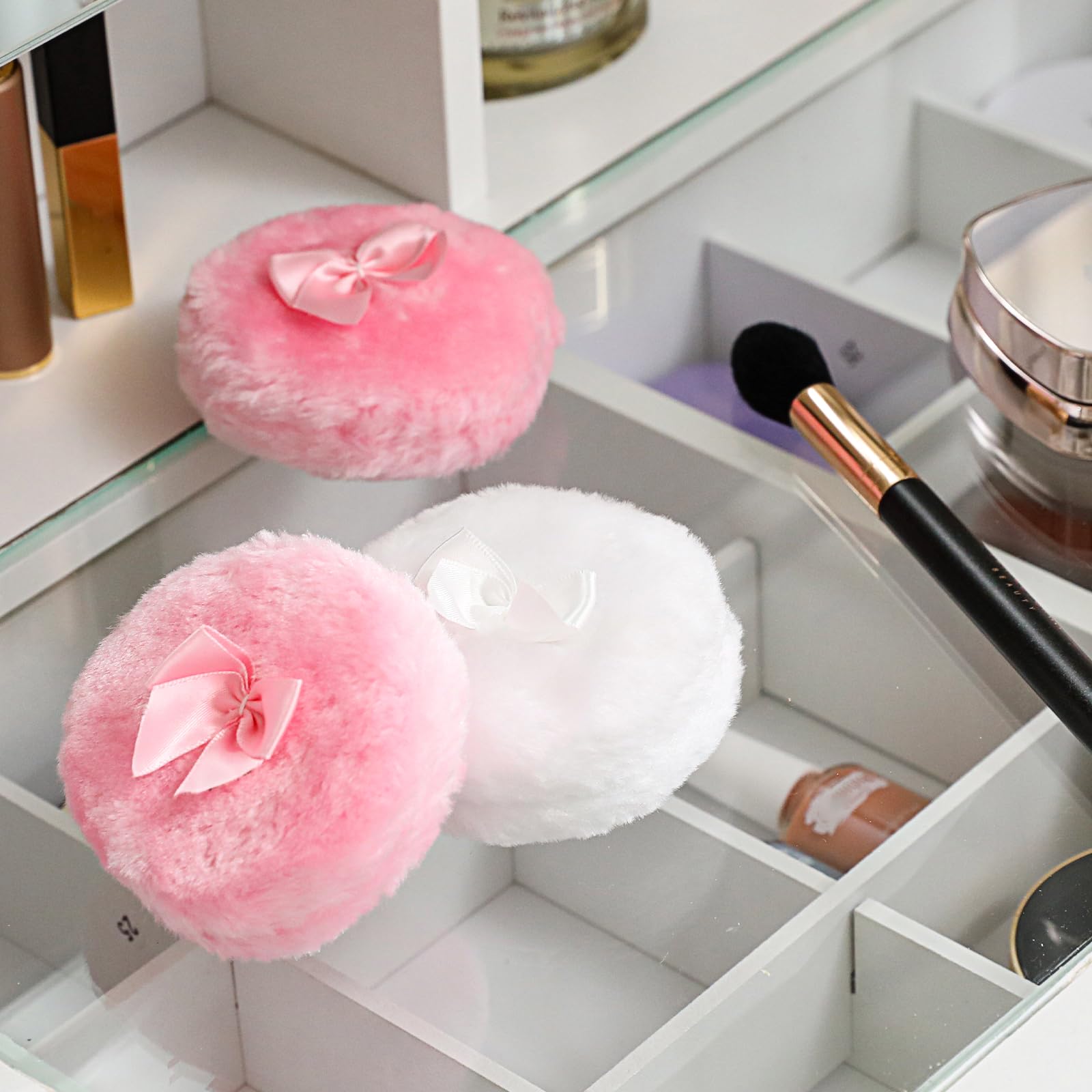 4Pcs Large Fluffy Powder Puff Set - Ultra Soft Face & Body Makeup Puffs for Loose Powder, Washable & Reusable (White/Pink) - Perfect for Daily Makeup Application & Touch-Ups