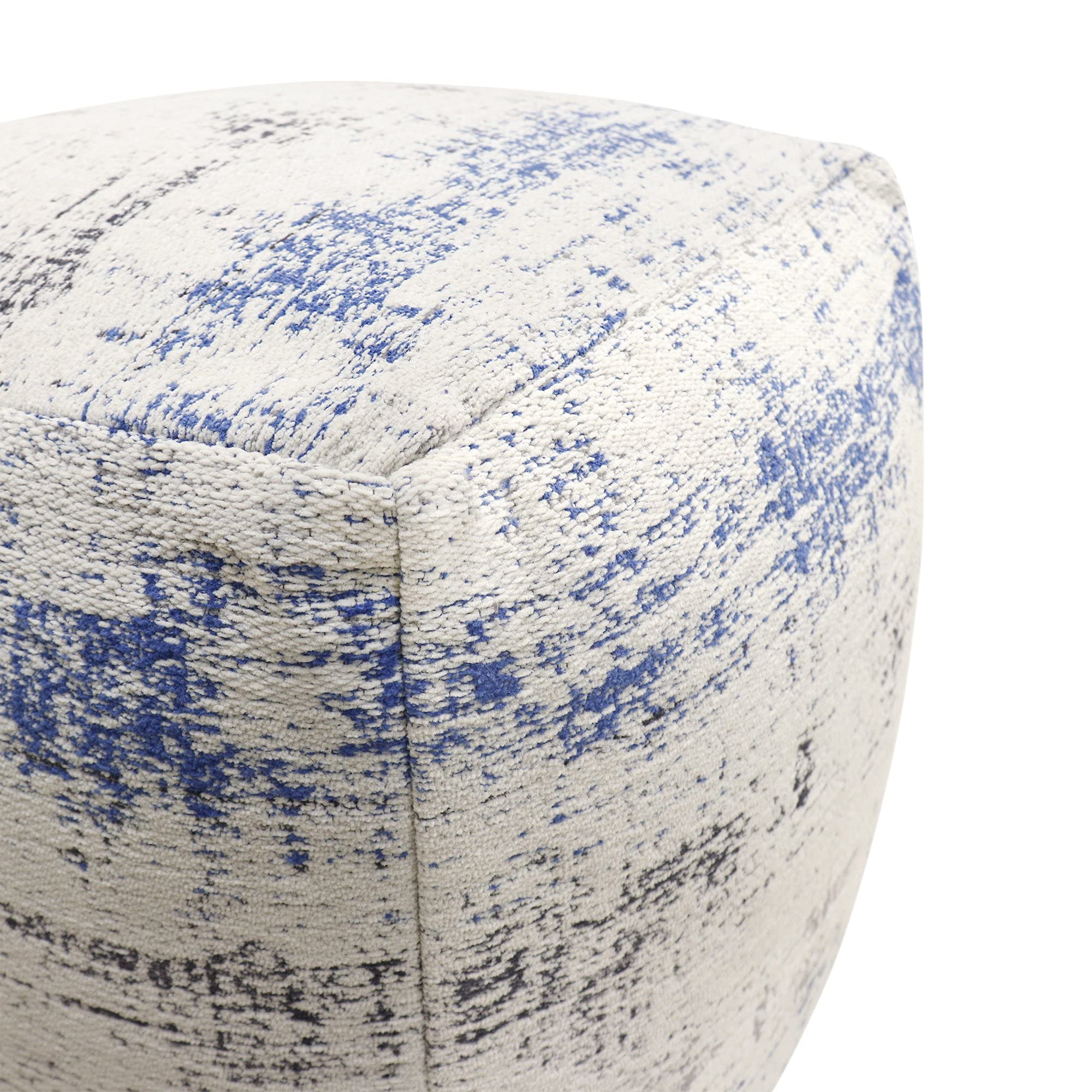 Pasargad Home Grand Canyon Distressed Cotton Pouf - Jacquard Woven Square Ottoman with Polly Beads Filling - 20x20x20 Inch Ivory/Blue Footrest & Lounge Seat - Luxury Living Room Decor for Sofa, Bedroom & Reading Nook