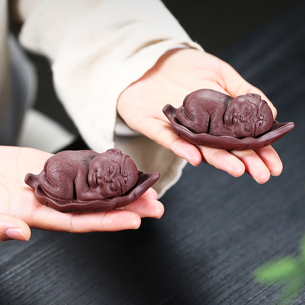 Little Monkey on Bodhi Leaf Tea Pet - Handmade Ceramic Tea Companion for Tea Ceremony & Meditation | Perfect Gift for Tea Lovers & Zen Decor