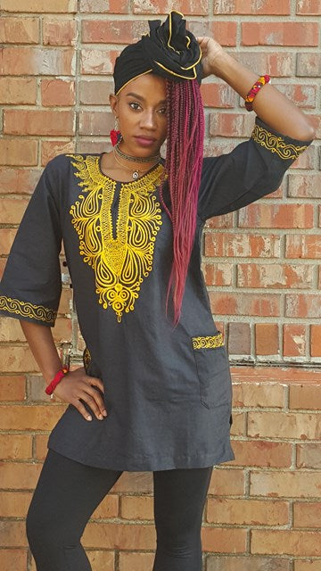 Stylish Black Cotton Dashiki with Gold Embroidery DP3781W - African Print Shirt for Men, Perfect for Cultural Events, Weddings & Festivals