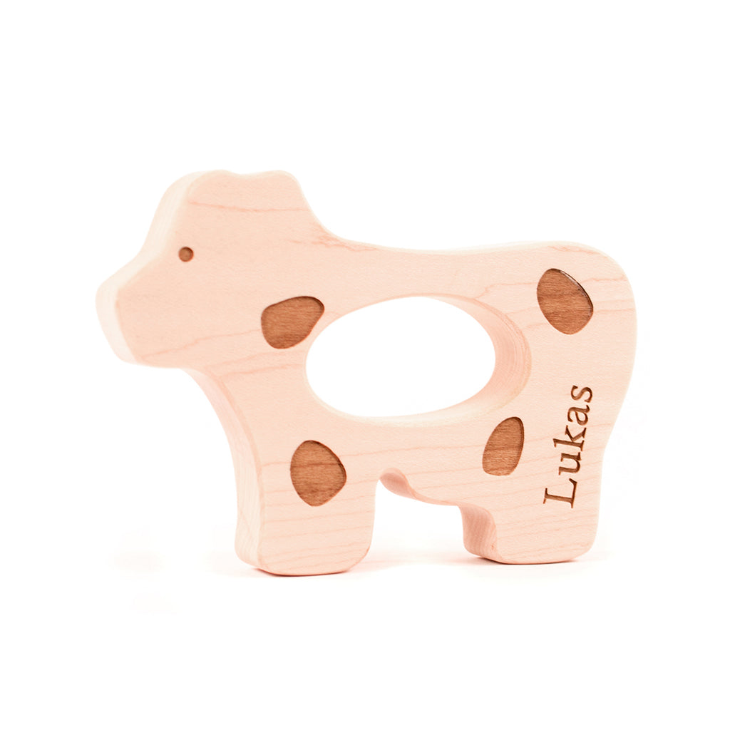 Natural Wooden Cow Teether for Babies - Safe & Non-Toxic Chewing Toy for Teething Relief - Perfect for Infants & Toddlers at Home or On-the-Go