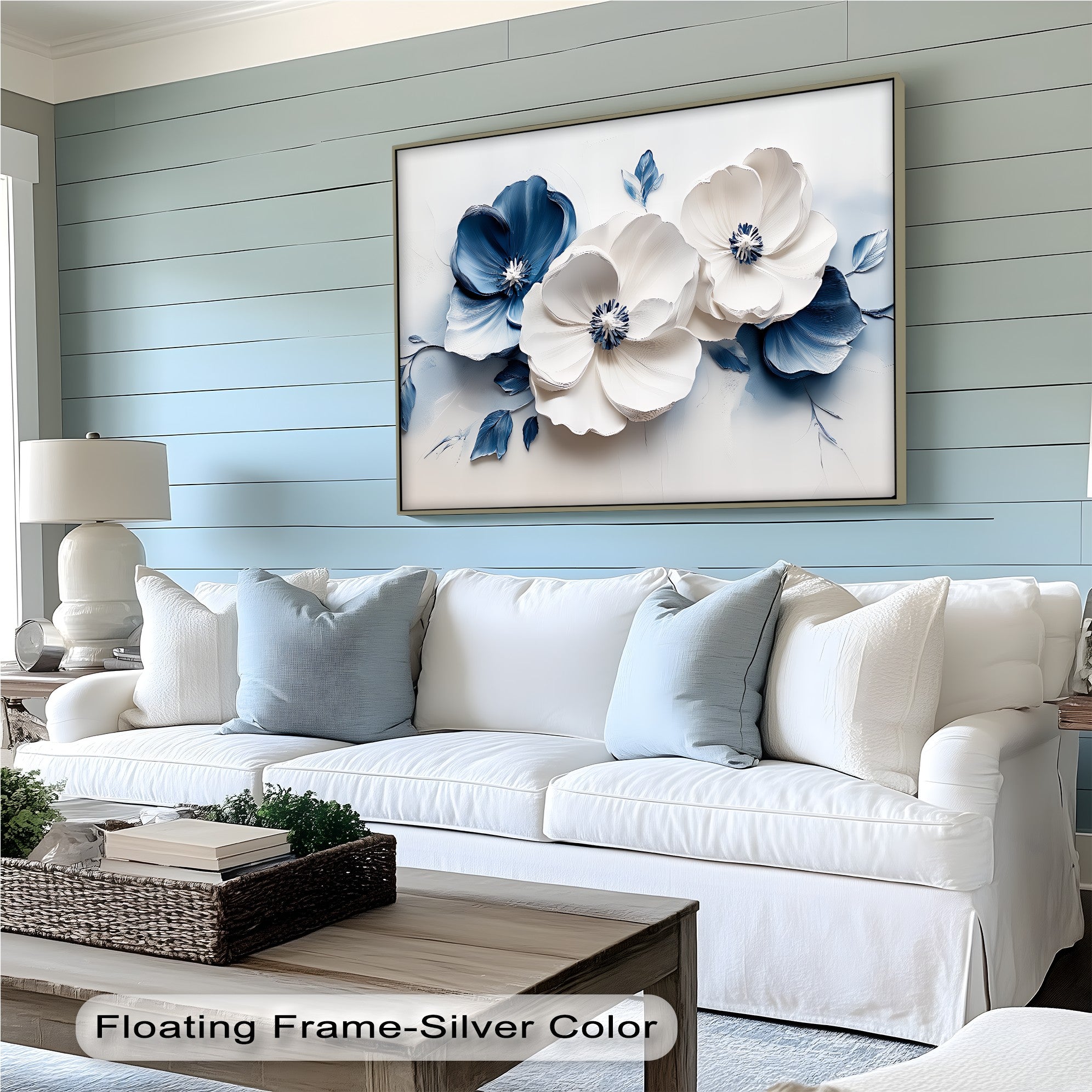 Blue Serenity Blooms Floral Canvas Wall Art - Navy & White Botanical Painting for Living Room, Bedroom Decor | Home & Office Wall Hanging