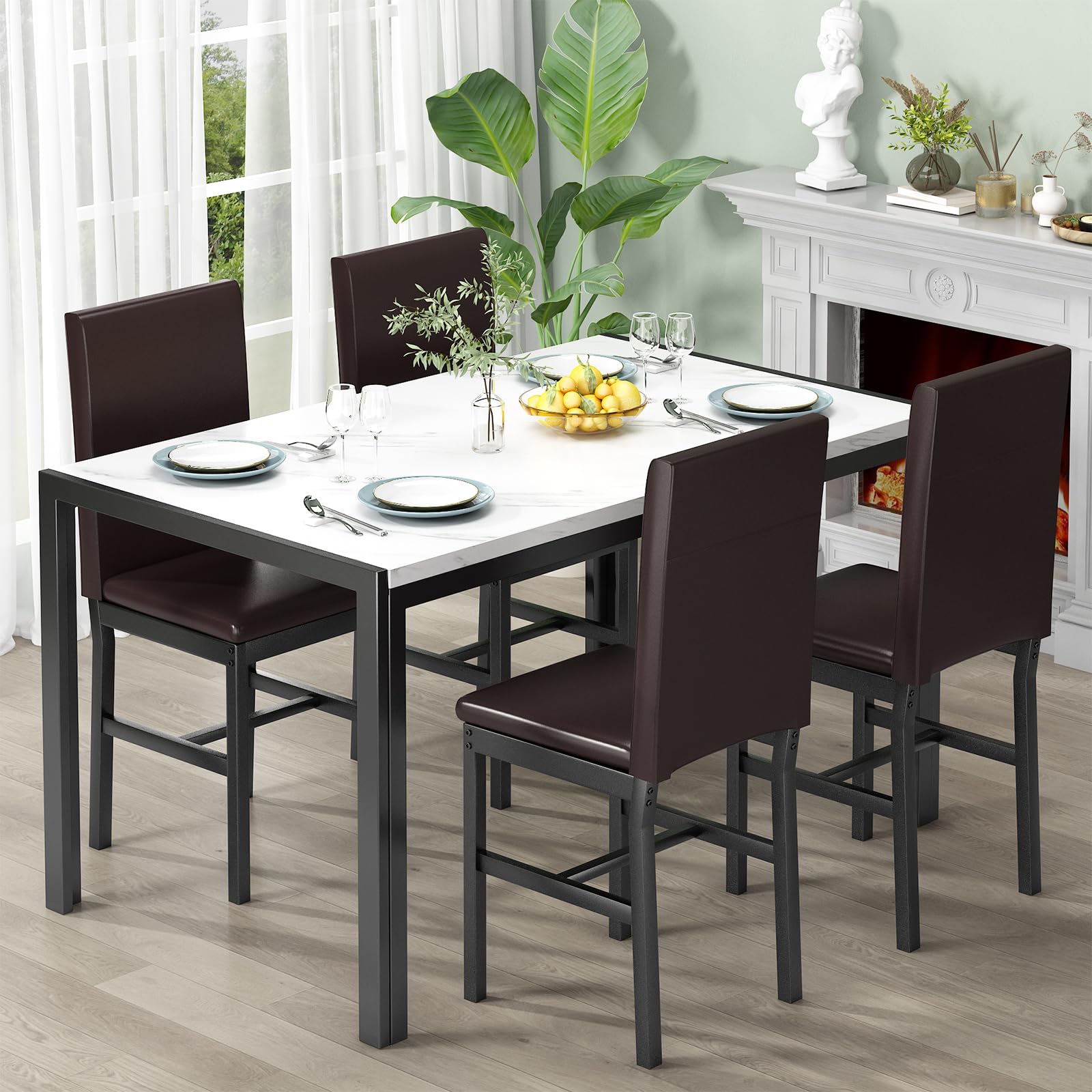 Modern 5-Piece Dining Table Set for 4 - Faux Marble Kitchen Table with Leather Upholstered Chairs, White - Perfect for Small Spaces, Apartments & Cozy Family Dinners