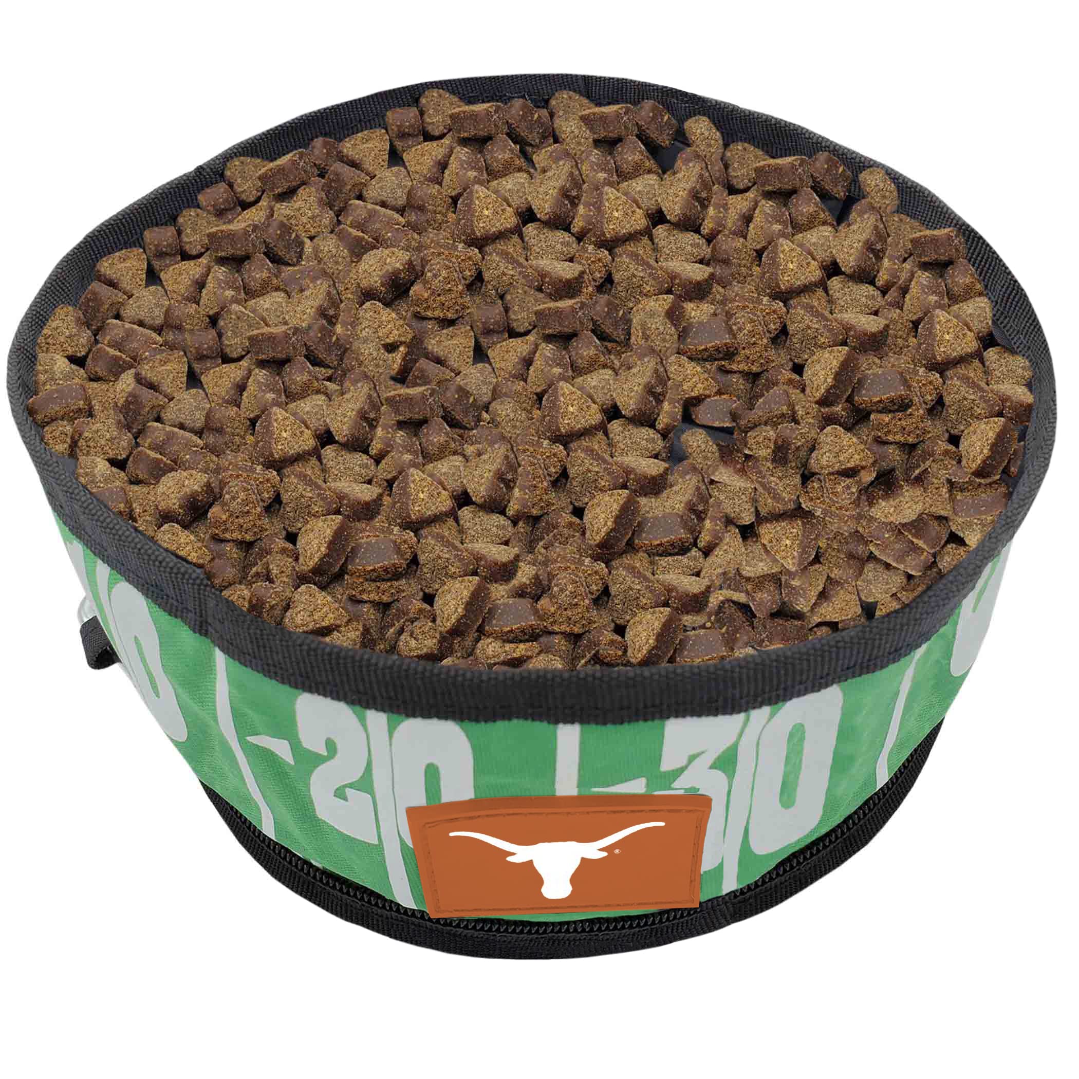 Texas Longhorns NCAA Collapsible Dog Travel Bowl - Portable Leak-Proof Pet Food & Water Dish for Dogs & Cats - Lightweight Football Field Design for Camping, Hiking & Road Trips
