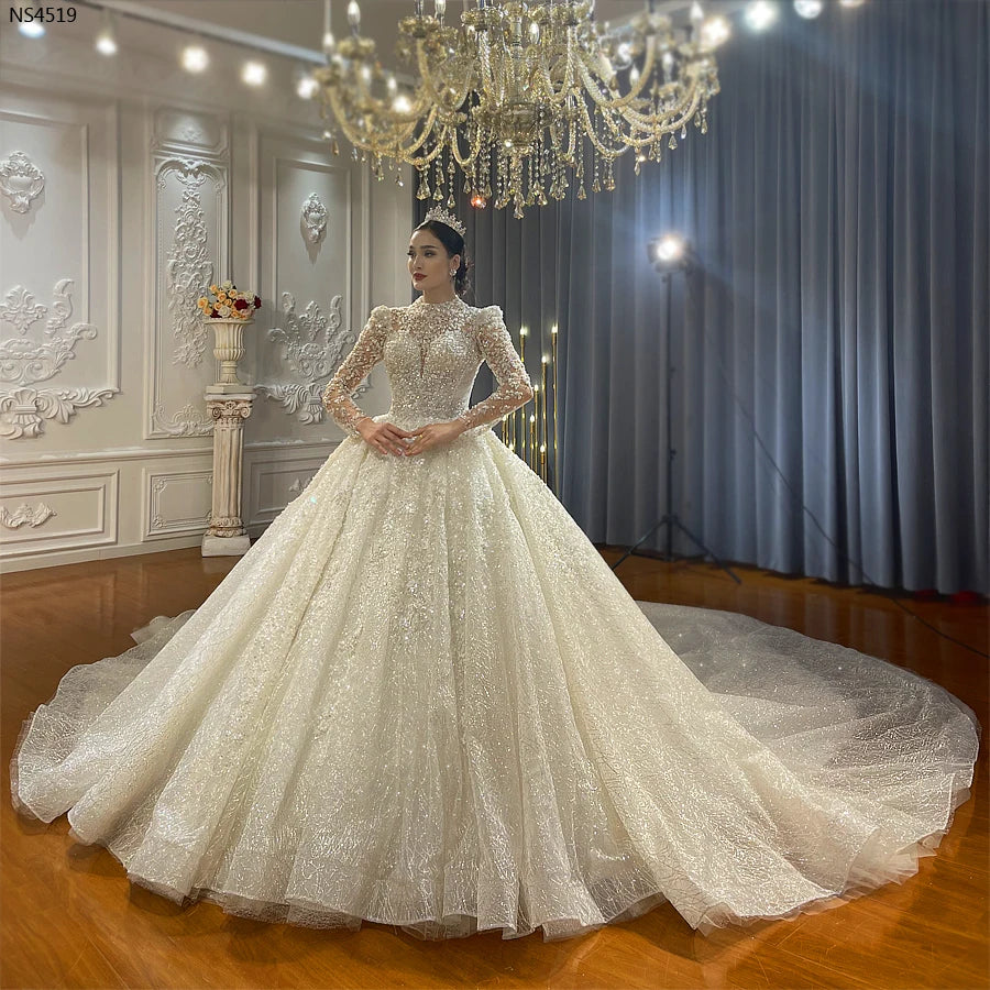 Elegant Long Sleeve Ball Gown Wedding Dress - New Luxury Design with Intricate Detailing | Perfect for Bridal, Formal Events & Romantic Ceremonies