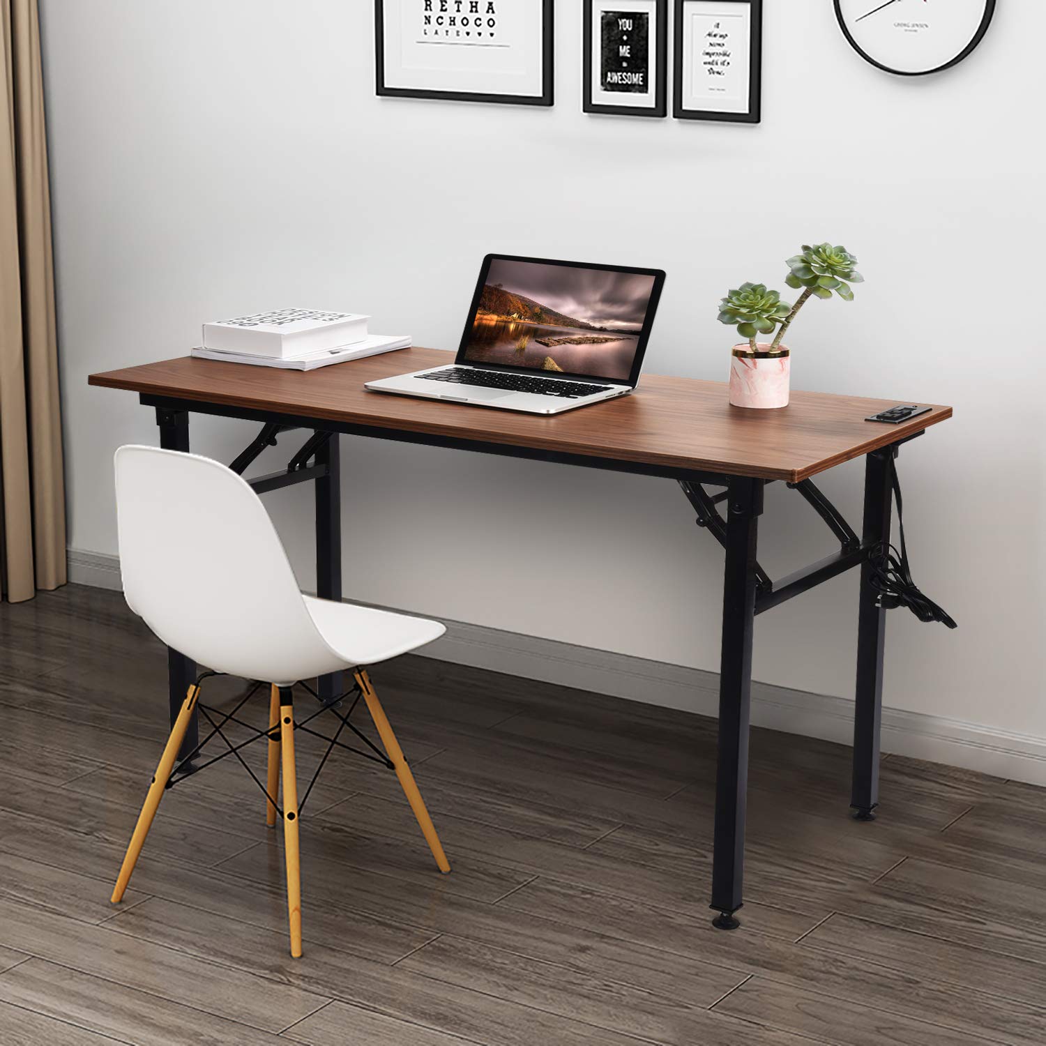 Frylr Folding Computer Desk with Built-in Power Outlets & USB Ports - 43.3