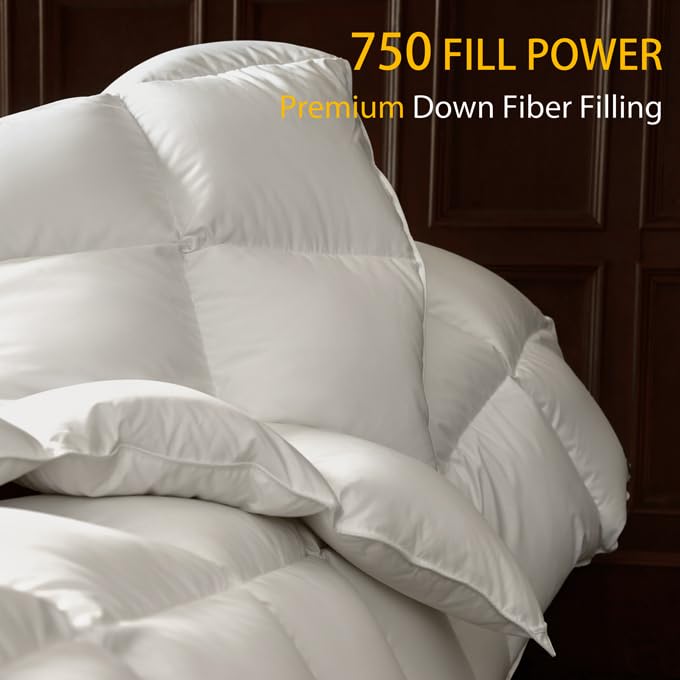Premium 750FP Goose Down Comforter Queen Size - Ultra Soft Fluffy Duvet Insert with Medium Warmth for All Seasons | Hotel-Quality Luxury Bedding for Cold Nights & Cozy Sleep (White, 90x90 Inches)