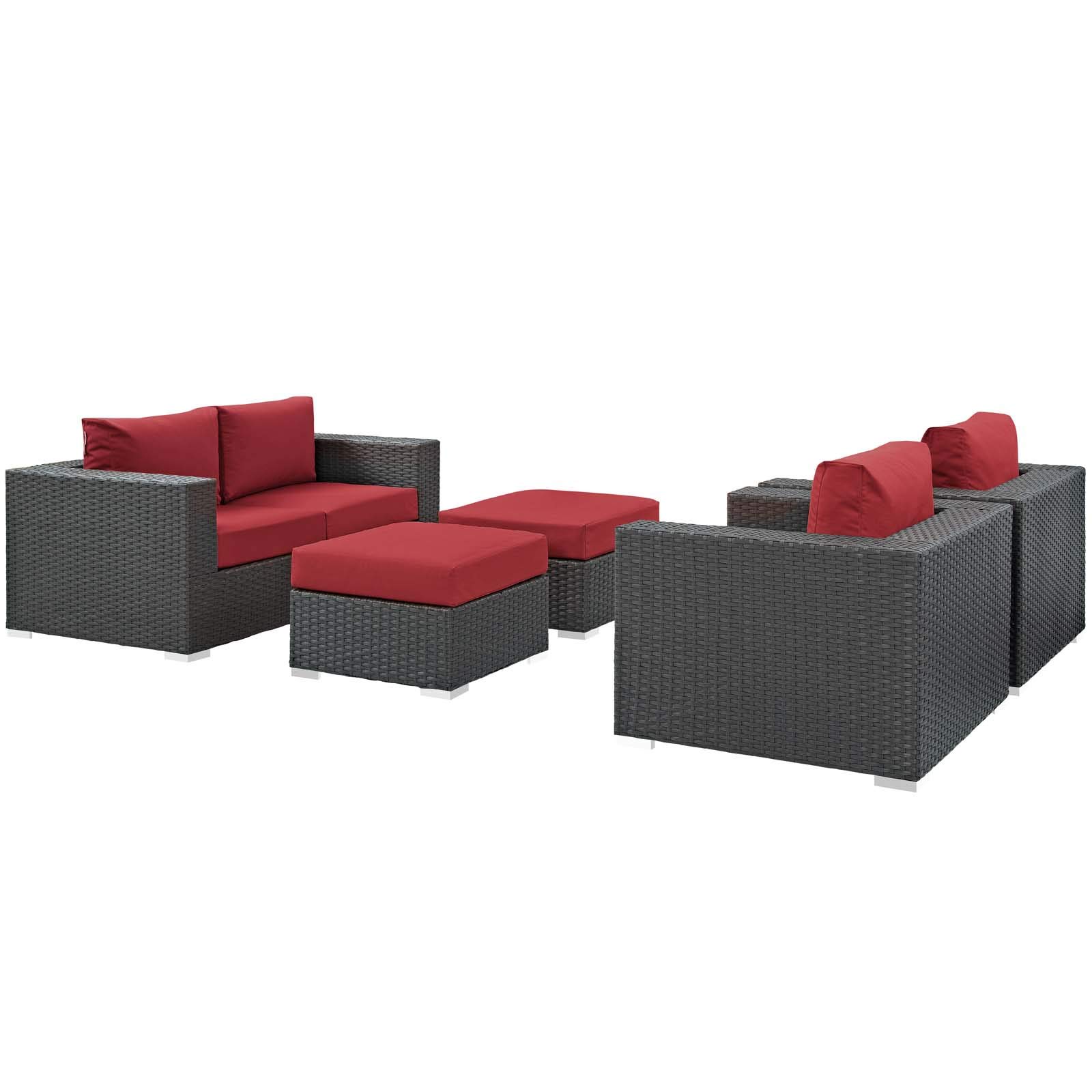 Modern Contemporary Outdoor Patio Balcony Lounge Sectional Sofa Set - Sunbrella Rattan Wicker in Red - Perfect for Backyard, Poolside & Garden Relaxation