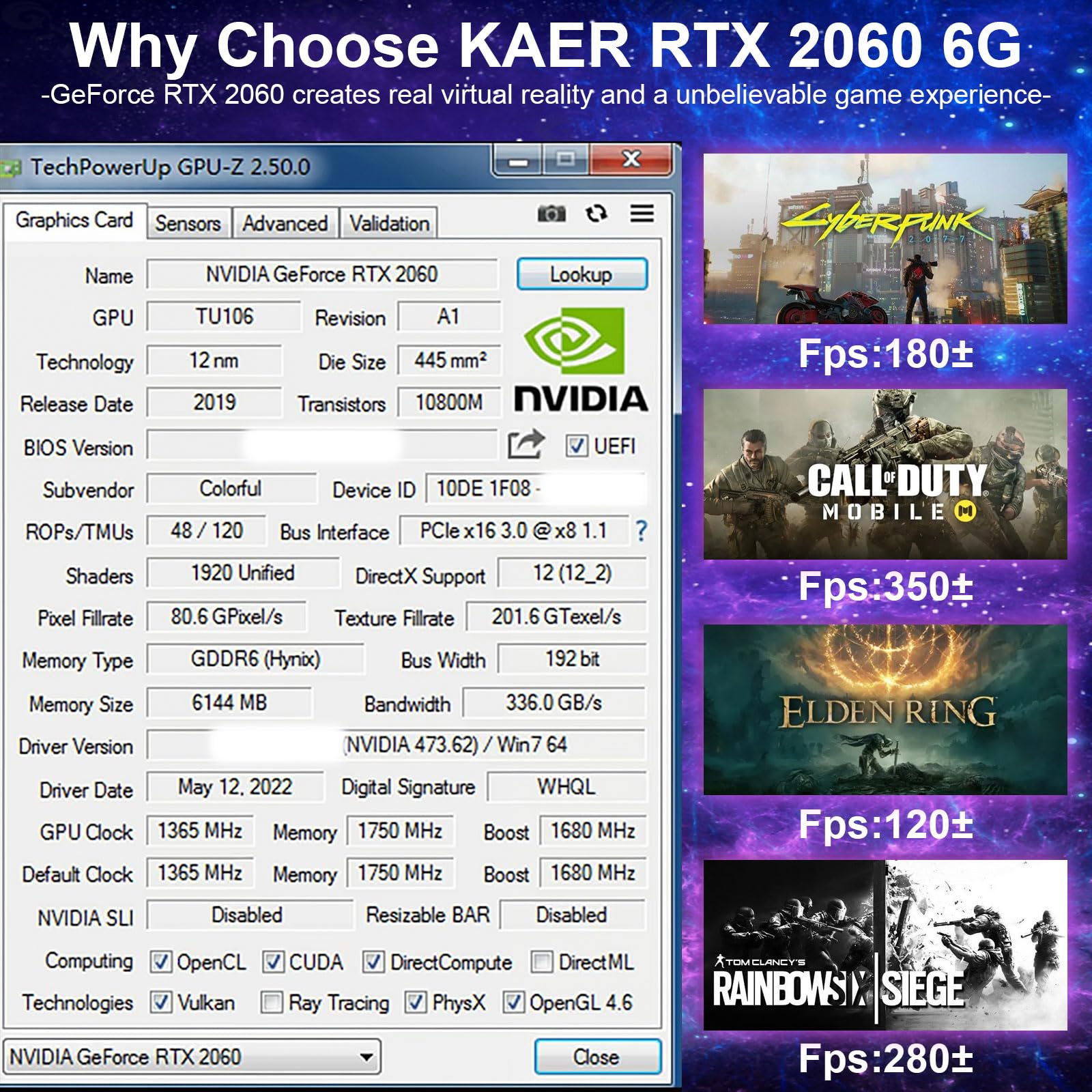 KAER Gaming GeForce RTX 2060 6GB GDDR6 192-Bit Graphics Card with Ray Tracing, Dual Fan Cooling, HDMI/DP/DVI Ports, 1680MHz Boost Clock - Perfect for 1080p Gaming, VR, and Content Creation