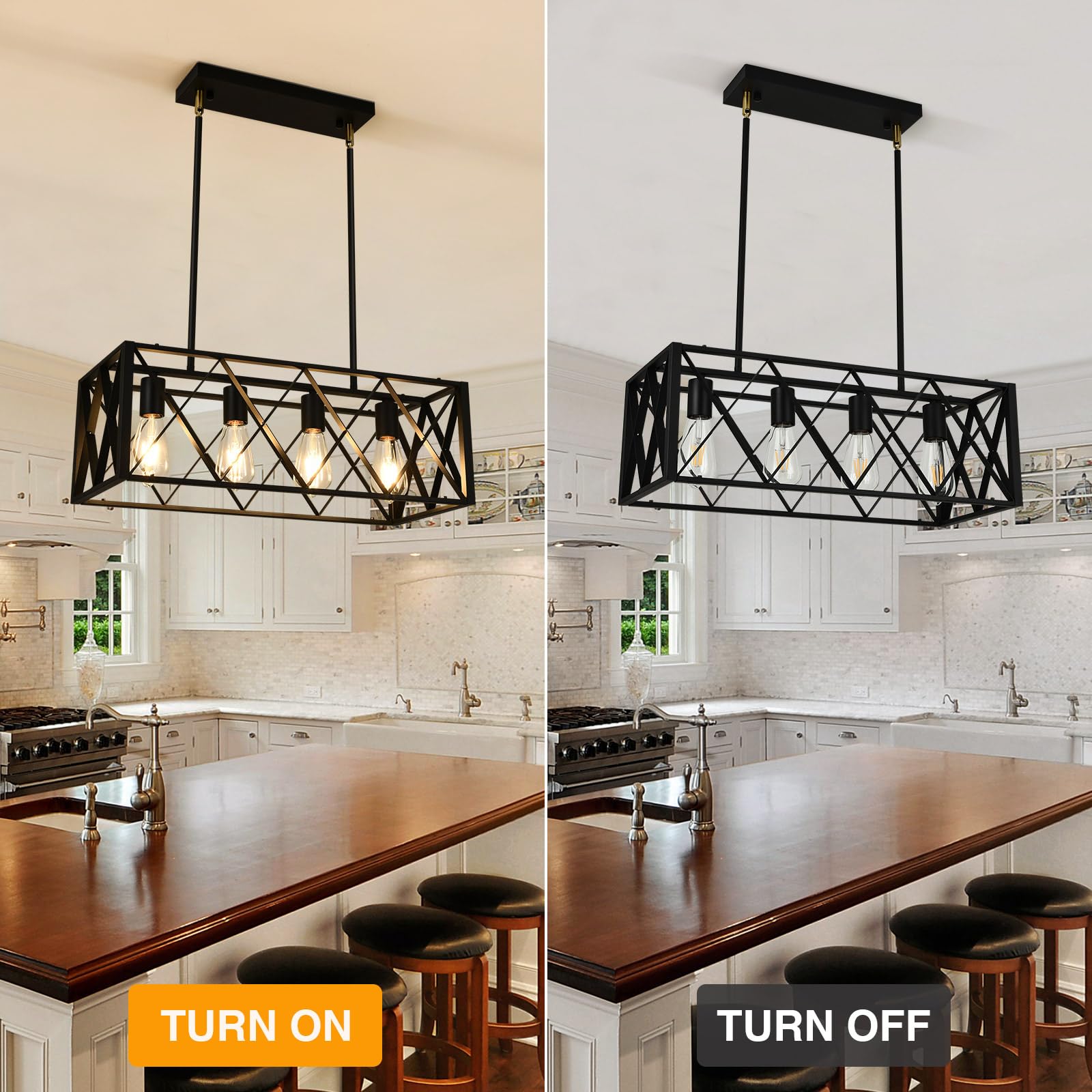 Black Farmhouse Chandelier - 4-Light Metal Industrial Linear Pendant Lighting for Kitchen Island, Dining Room & Living Room | Rustic Home Decor for Modern Farmhouse, Industrial Loft & Open Concept Spaces