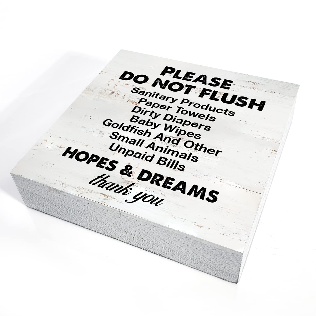 Rustic Wooden Bathroom Sign - 'Please Do Not Flush Sanitary Products' Funny Desk Decor (5x5 Inch) - Cute Wood Block Plaque for Home, Shelf & Table Decoration - Perfect for Bathroom, Powder Room & Guest Toilet Humor