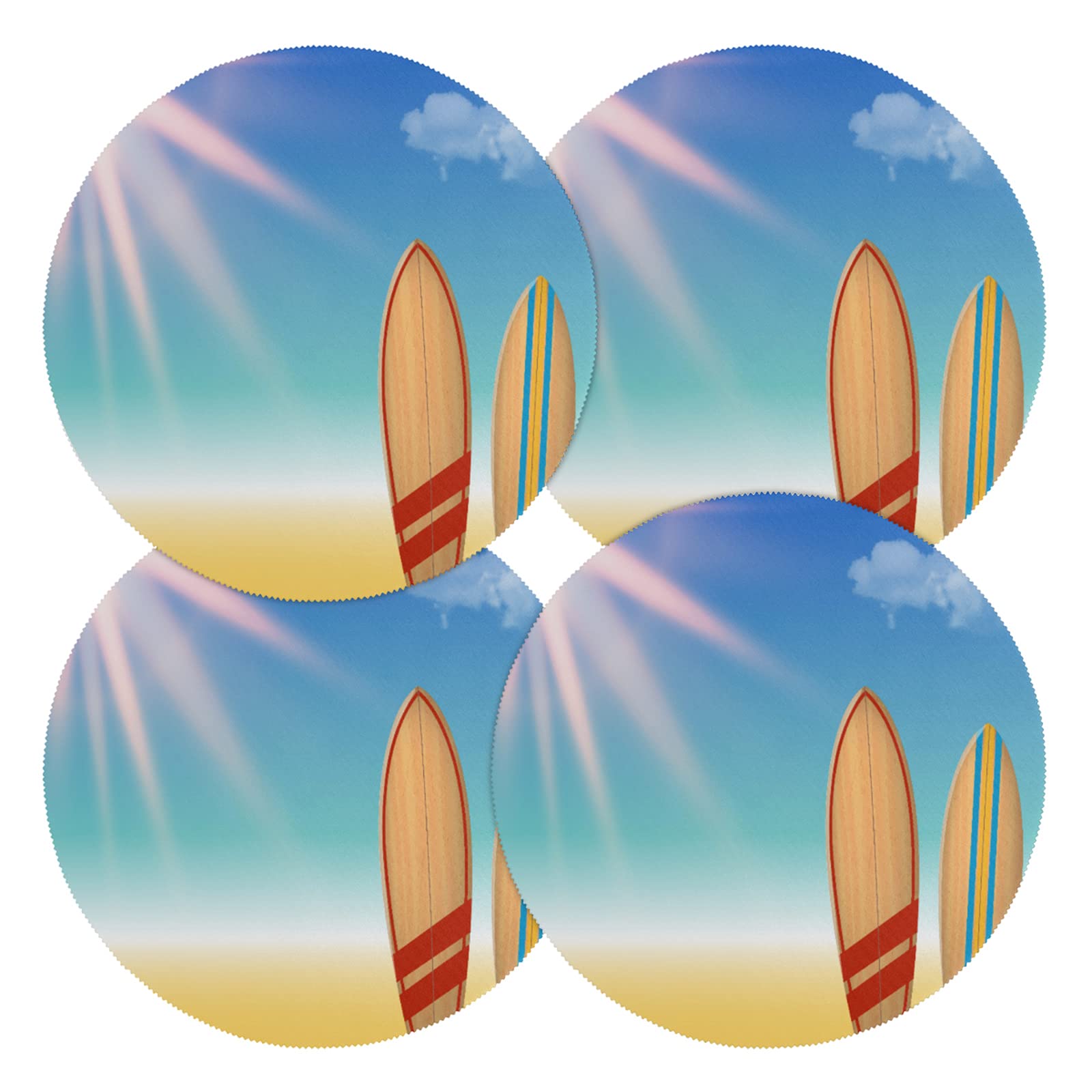 Summer Beach Surfboard Placemats - Set of 4 Round Heat-Resistant Polyester Table Mats for Dining & Kitchen - 15.4 Inch Washable Home Decor (Perfect for Beach-Themed Parties, Outdoor Dining & Coastal Home Decor)
