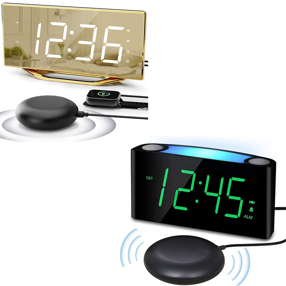 Extra Loud Vibrating Alarm Clock with Bed Shaker - Dual Alarm LED Display for Heavy Sleepers, Deaf & Hard of Hearing - USB Charging Port & Mirror Design - Perfect for Bedroom, Dorm & Travel Use