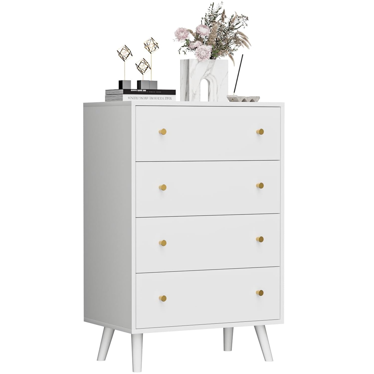 Modern White Dresser with 4 Drawers & Gold Handles - Stylish Chest of Drawers for Bedroom Organization - Perfect for Master Bedroom, Guest Room & Nursery Storage