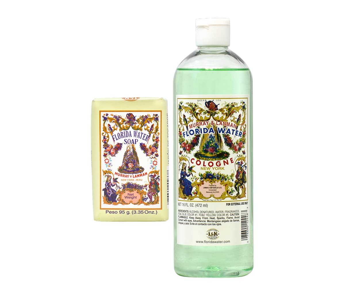 Lenman & Kemp Florida Water Soap 3.35oz + Florida Water 16oz Set - Refreshing Body Cleansing & Aromatherapy for Home & Spa Use