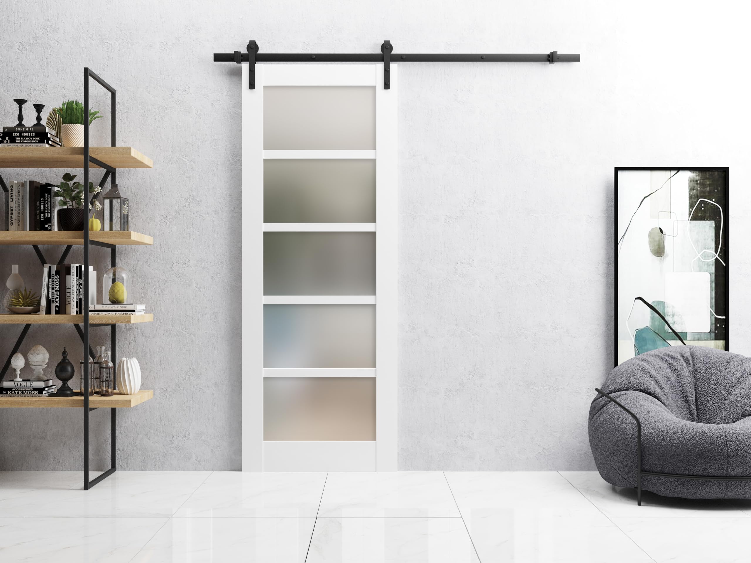 SARTODOORS 18x80 Sliding Barn Door with Hardware Kit - Quadro 4002 White Silk Frosted Glass - Top Mount 6.6FT Rail & Hangers - Lightweight Solid Wood Interior Door for Bedroom, Closet, or Living Room Partition