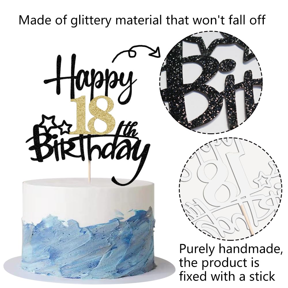 Kaoenla Black Gold Glitter Happy 18th Birthday Cake Topper - Hello 18/Cheers 18, Happy Eighteenth Birthday Party Decorations for Sweet 16, 18th & 21st Birthday Celebrations - Perfect for Milestone Birthday Cakes, Cupcakes & Dessert Tables
