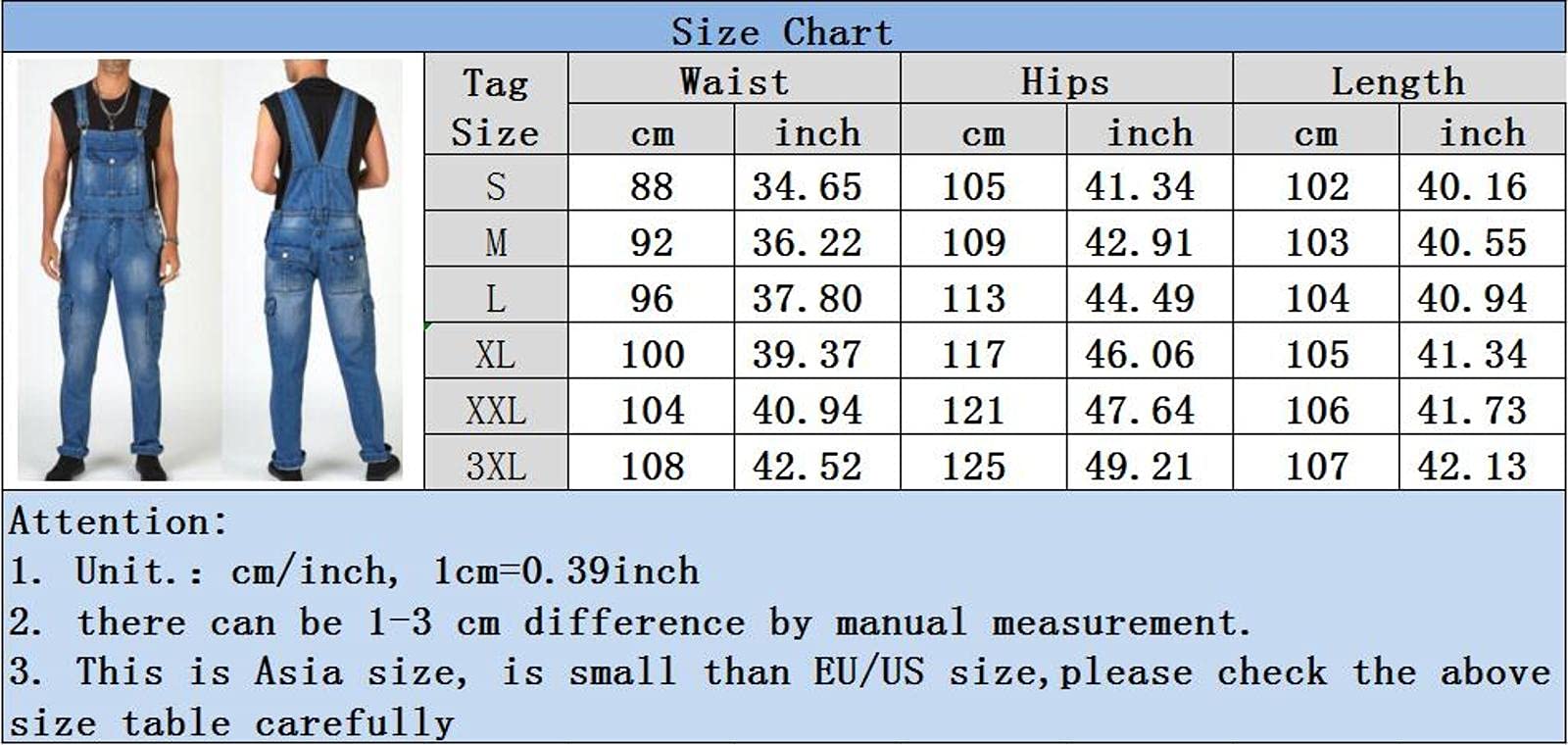 Men's Distressed Denim Jumpsuit - Multipocket Streetwear Bib Overalls, Washed Blue Dungarees (XXL) for Casual Outings, Music Festivals & Urban Fashion