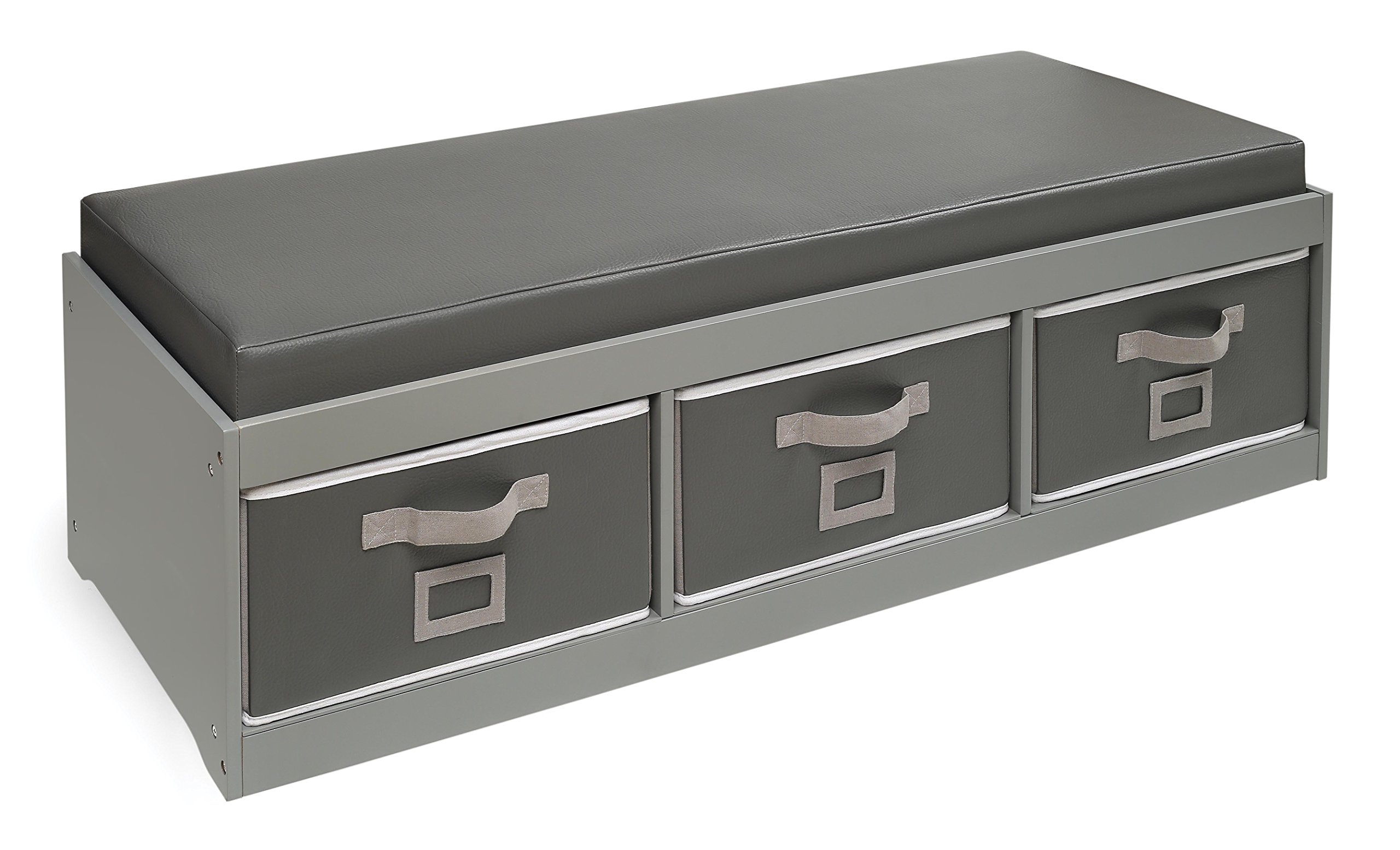 Badger Basket Kid's Padded Toy Storage Bench with Removable Cushion & 3 Fabric Bins - Gray | Organize Toys, Books & Kids Room Decor | Perfect for Playrooms, Bedrooms & Daycare Centers