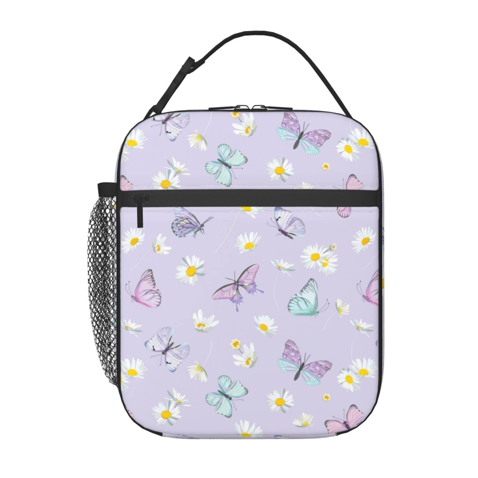 SUPLUCHOM Insulated Lunch Bag for Women & Girls - Purple Butterfly Daisy Flower Design, Reusable with Side Pocket, Perfect for Work, School, Picnic, Hiking & Day Trips - BPA Free & Durable (Ages 3+)
