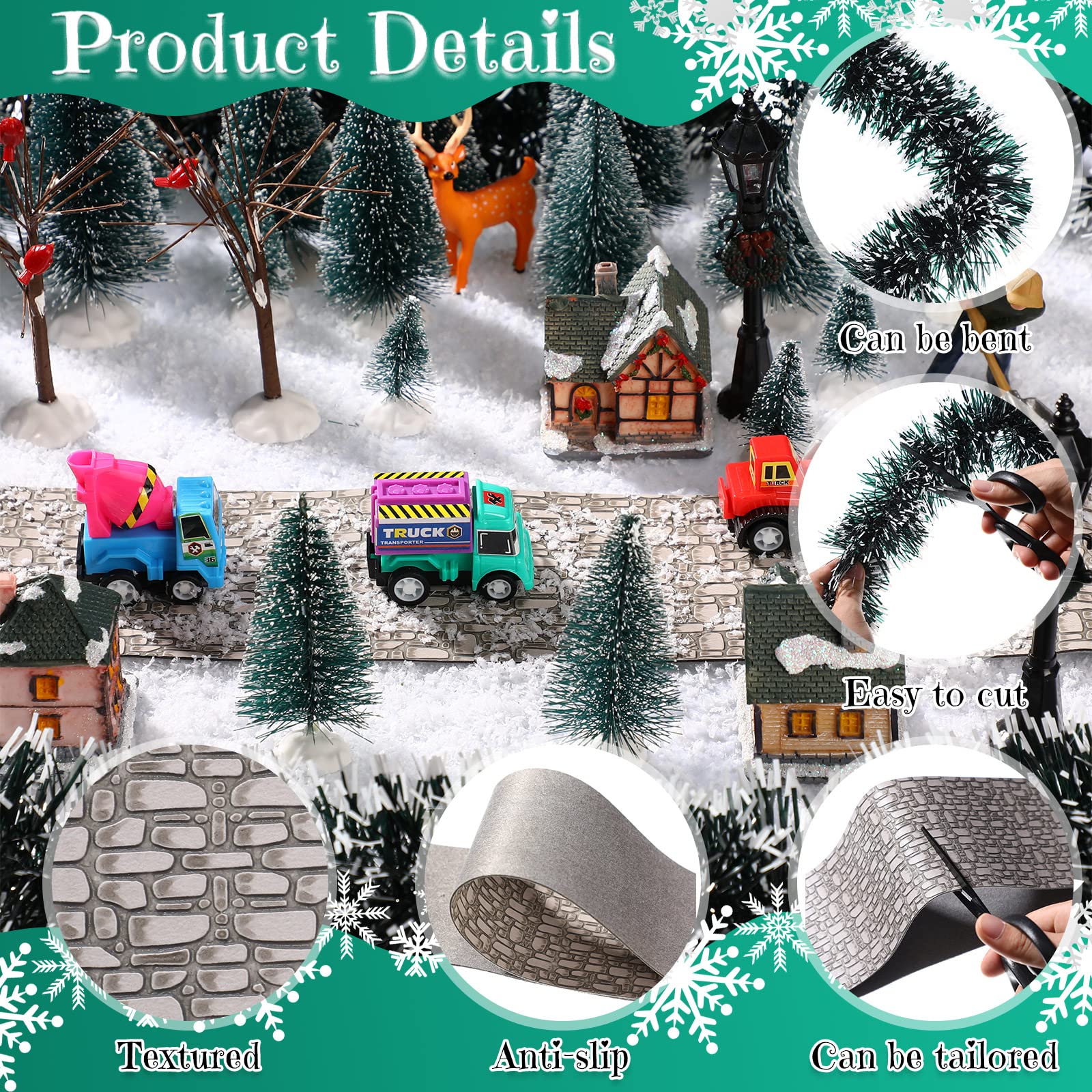 Christmas Village Accessories - Mini Flexible Sisal Hedge Pine Trees with Snow Brick Road Street Mat Decor for Winter Holiday Displays | Perfect for Christmas Village Scenes, Winter Wonderland Dioramas & Holiday Home Decor