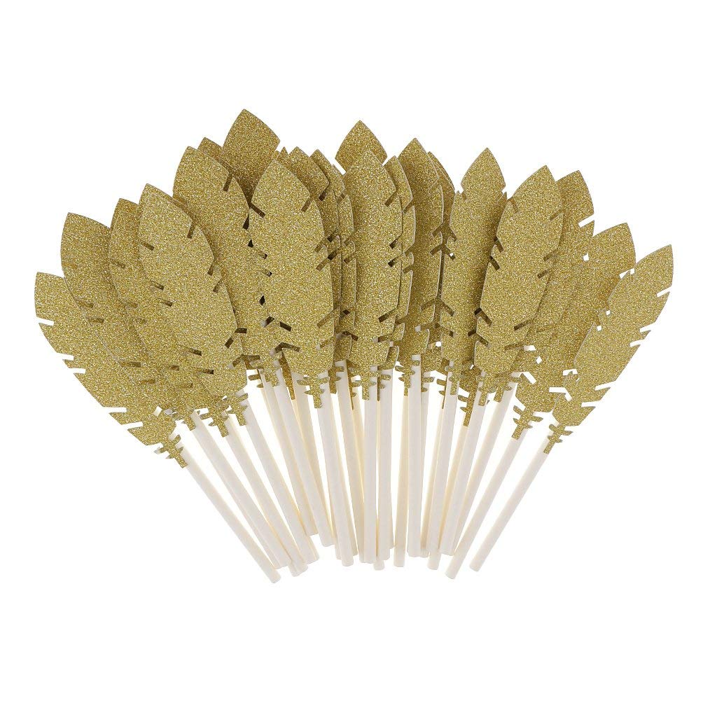 30pcs Gold Glitter Feather Cake Toppers - Elegant Cupcake Food Picks for Baby Shower, Birthday Party & Wedding Cake Decorations - Perfect for DIY Desserts and Special Celebrations