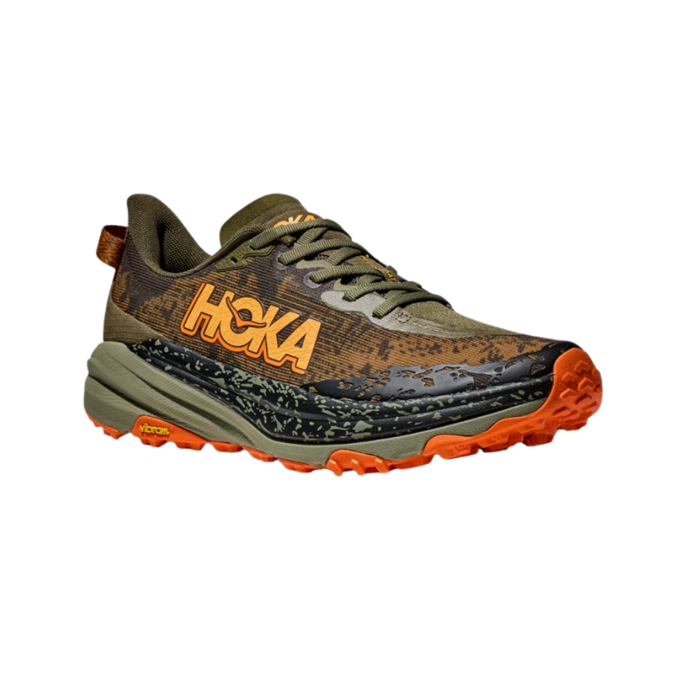Hoka Speedgoat 6 Trail Running Shoes for Men - Wide 2E Width in Antique Olive/Squash | Durable Grip for Hiking & Outdoor Adventures